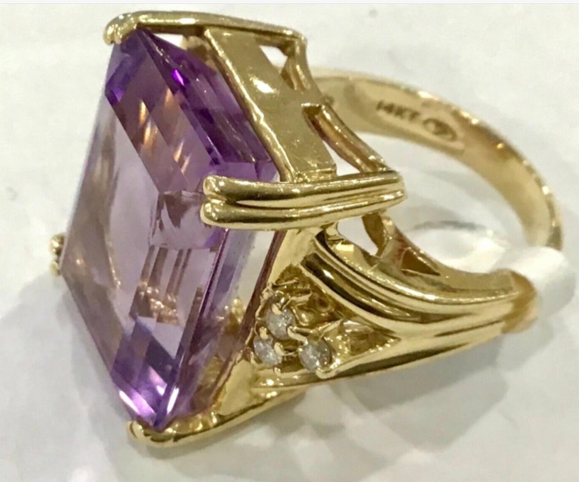 Women's or Men's 14k Yellow Gold Amethyst and Diamond Ring For Sale