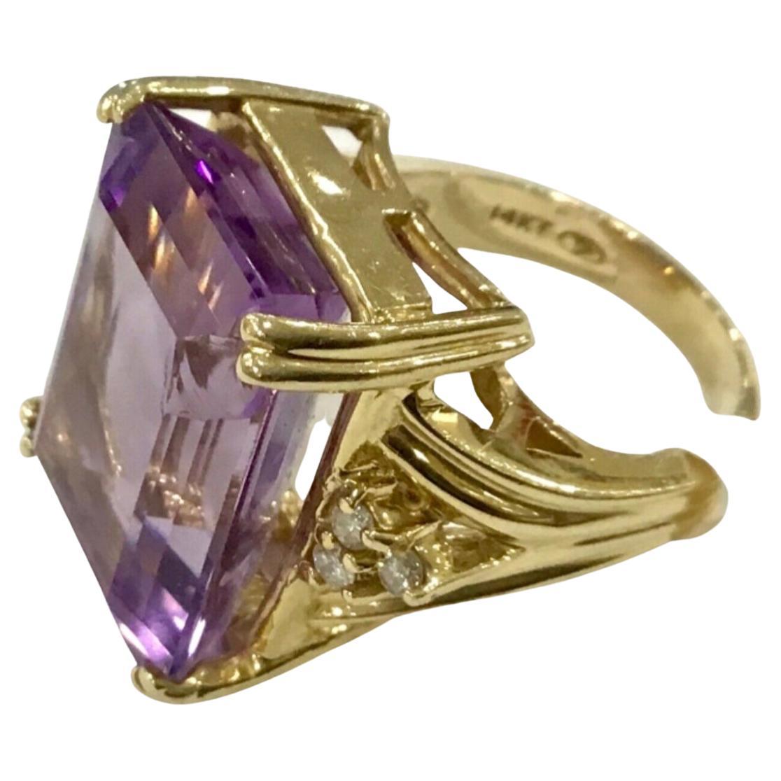 14k Yellow Gold Amethyst and Diamond Ring For Sale