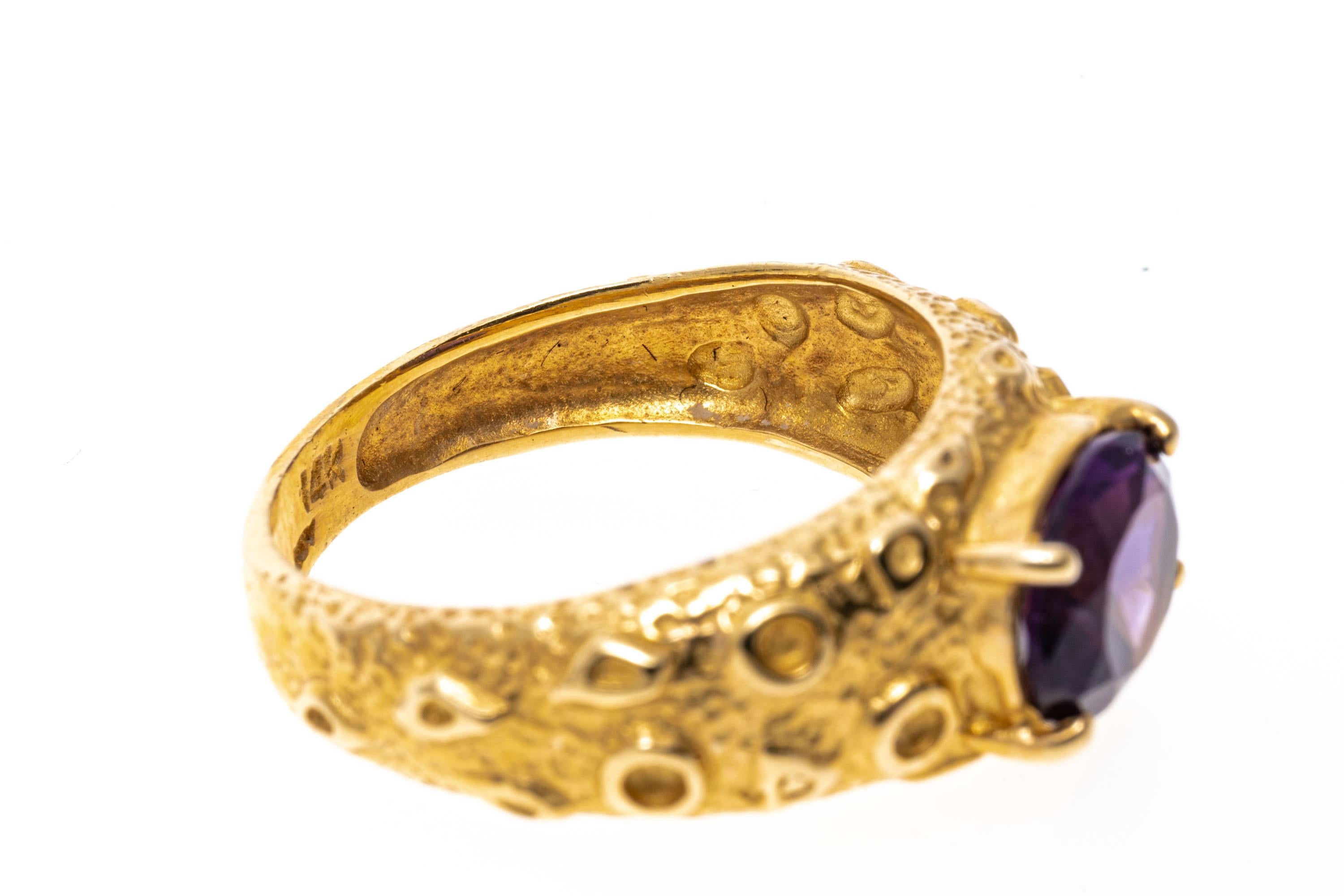 Oval Cut 14k Yellow Gold Amethyst And Moon Surface Finish Style Ring For Sale