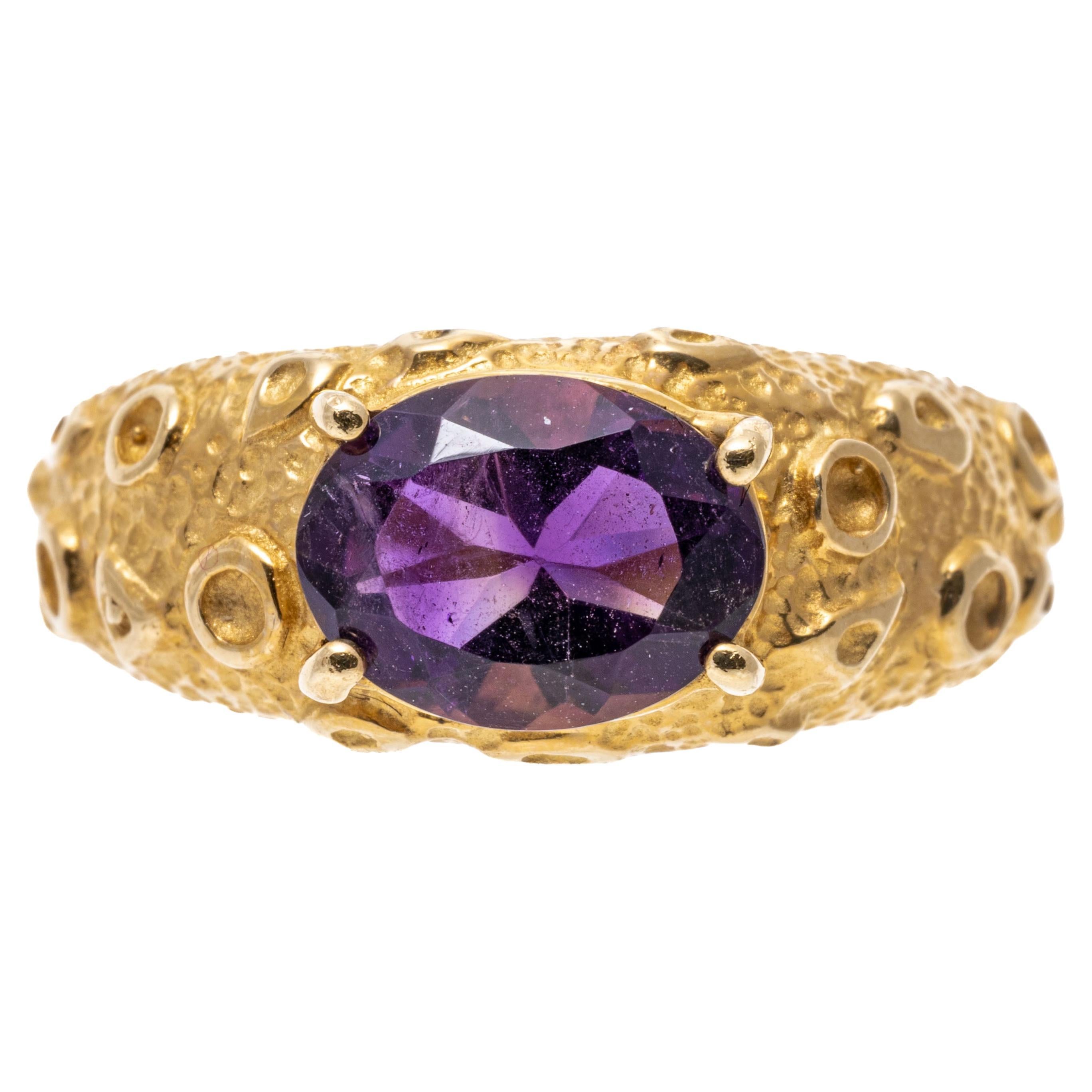 14k Yellow Gold Amethyst And Moon Surface Finish Style Ring For Sale