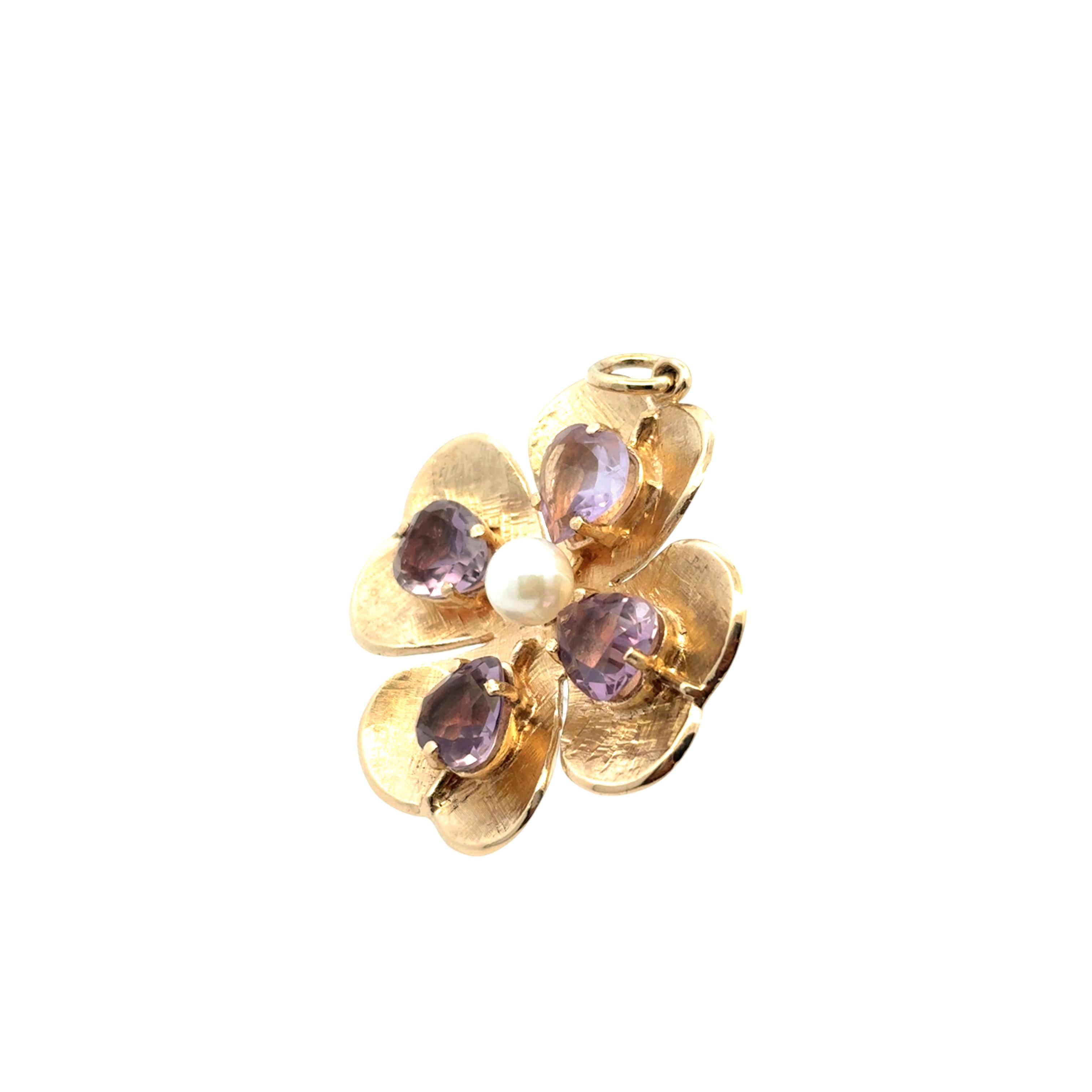 Pendentif trèfle en or jaune 14K avec améthyste et perle Pour femmes en vente