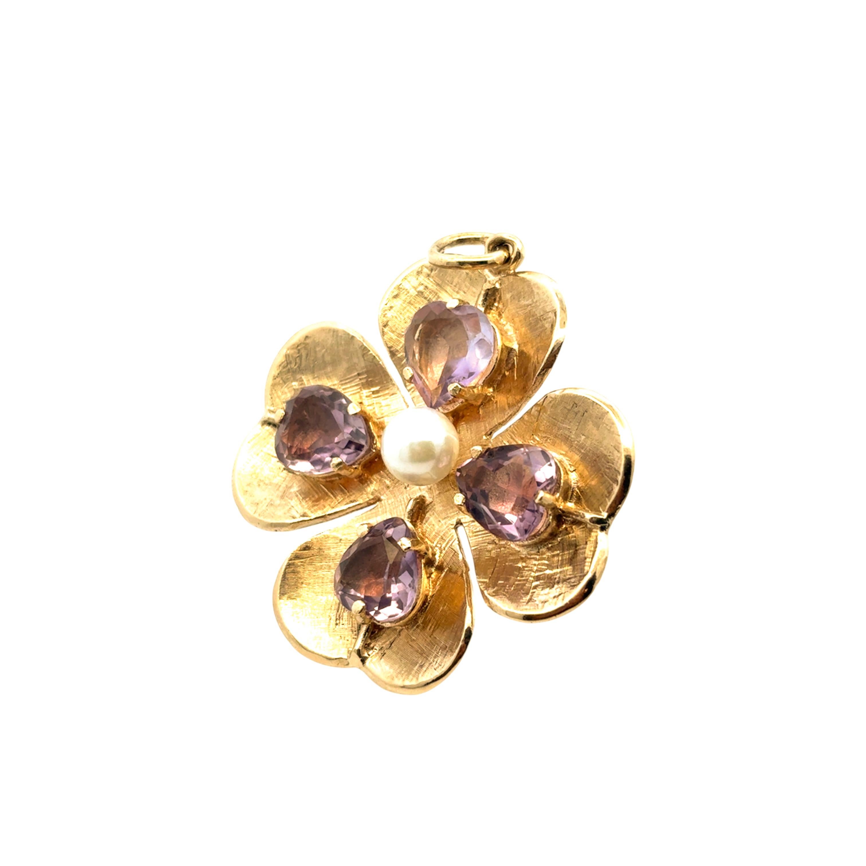 Pendentif trèfle en or jaune 14K avec améthyste et perle en vente 1