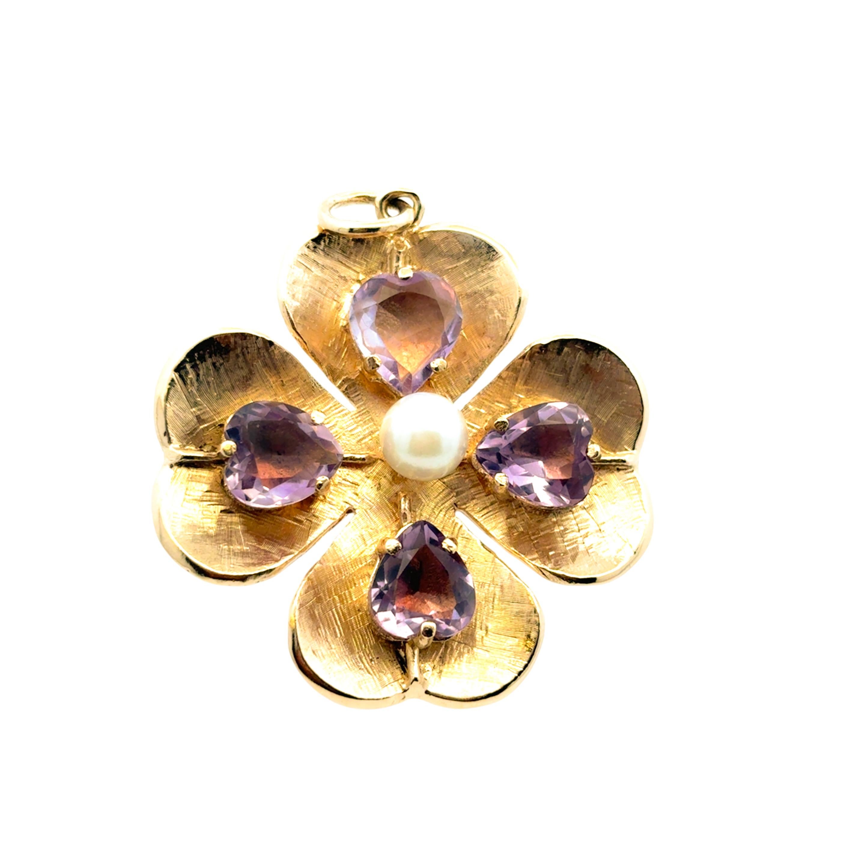 Pendentif trèfle en or jaune 14K avec améthyste et perle en vente 2