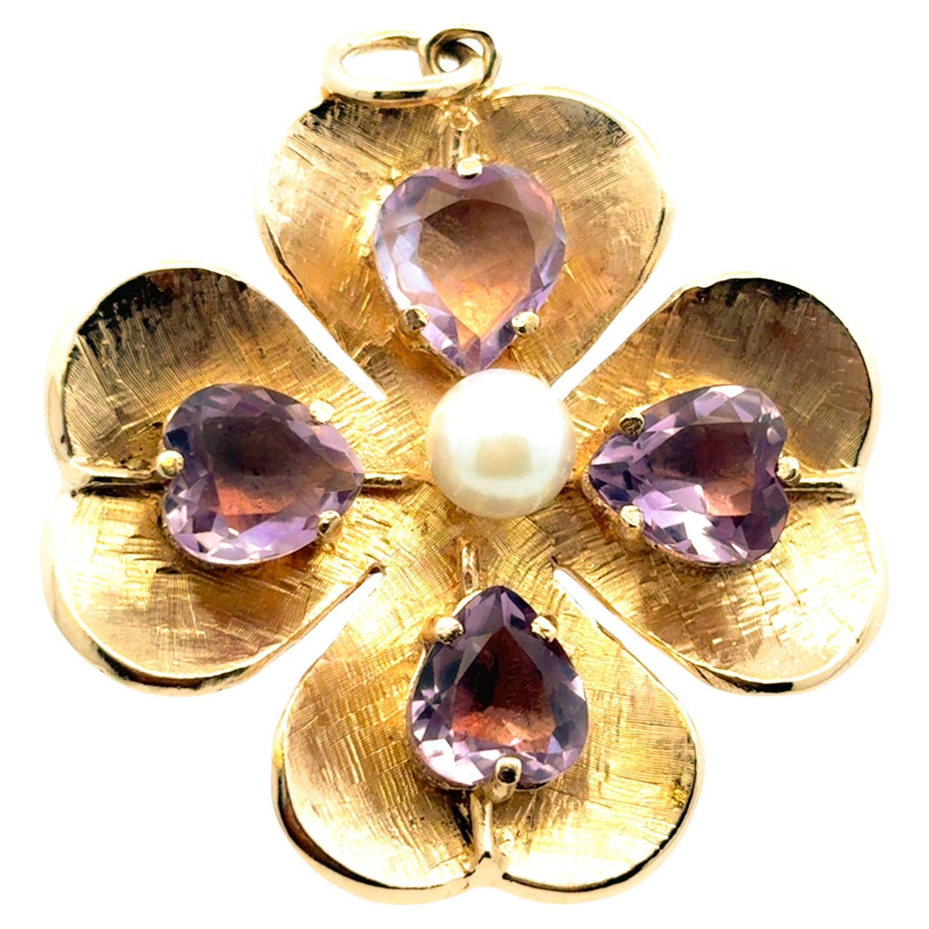 14K Yellow Gold Amethyst and Pearl Clover Pendant