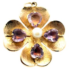 Pendentif trèfle en or jaune 14K avec améthyste et perle