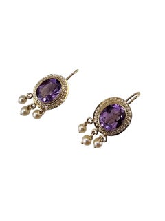 Ohrringe aus 14-karätigem Gelbgold mit Amethyst und Perle #25337