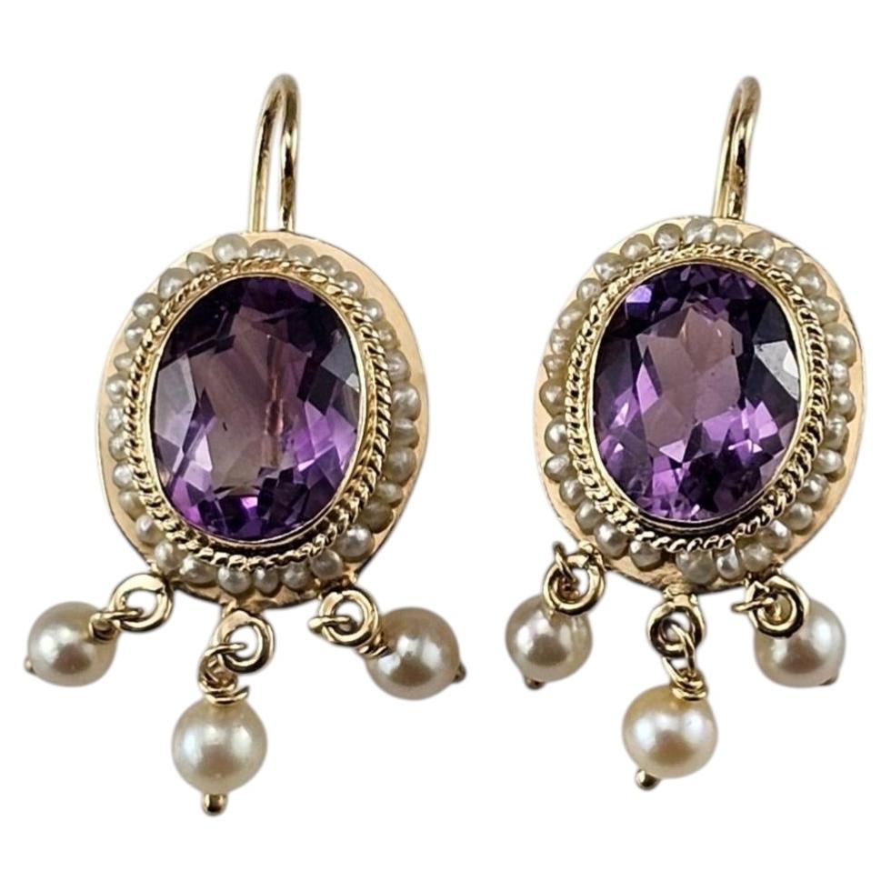 14K Yellow Gold Amethyst and Pearl Drop Earrings #25337 For Sale