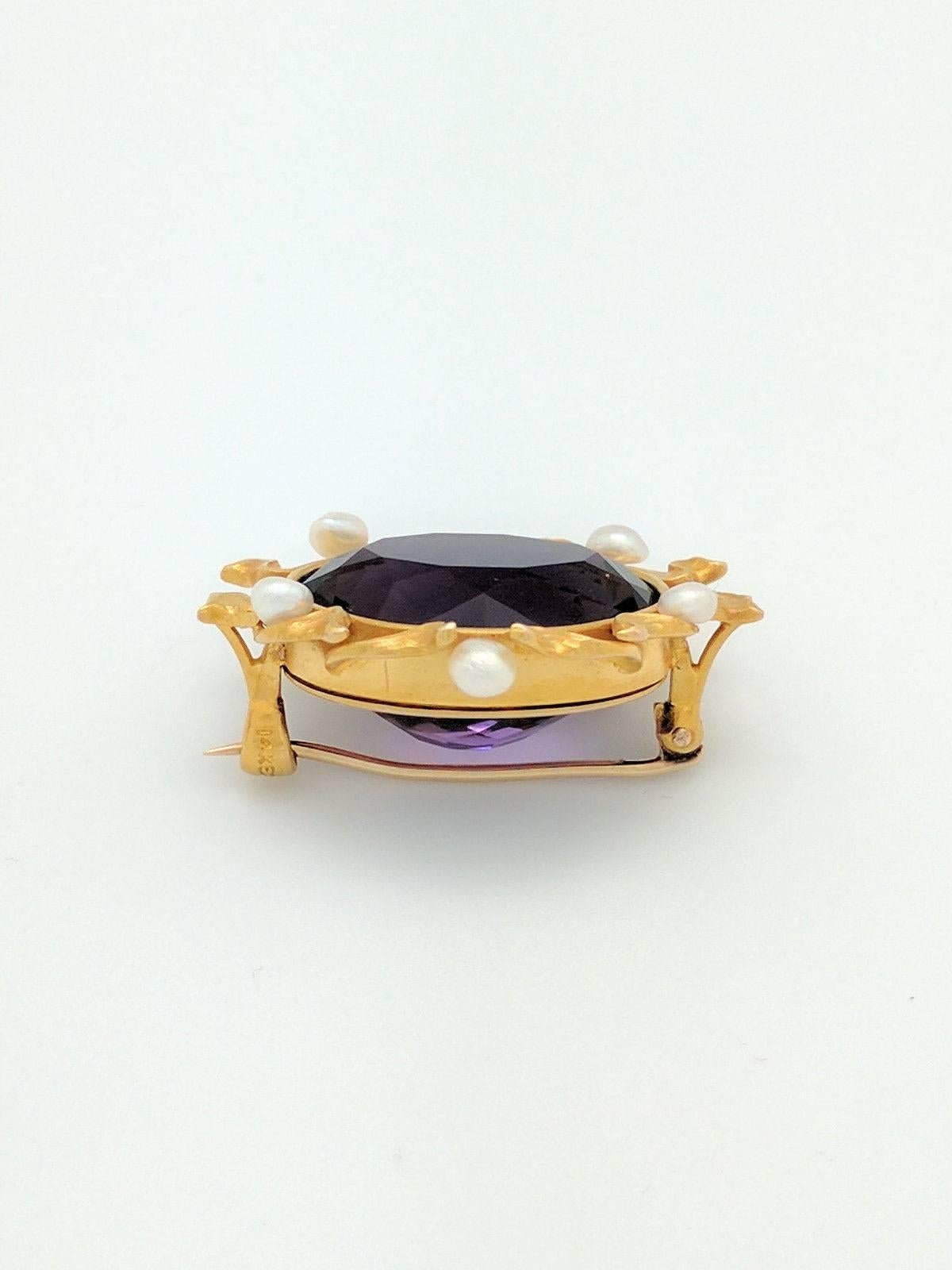 Women's 14 Karat Yellow Gold Amethyst and Seed Pearl Brooch Pin For Sale