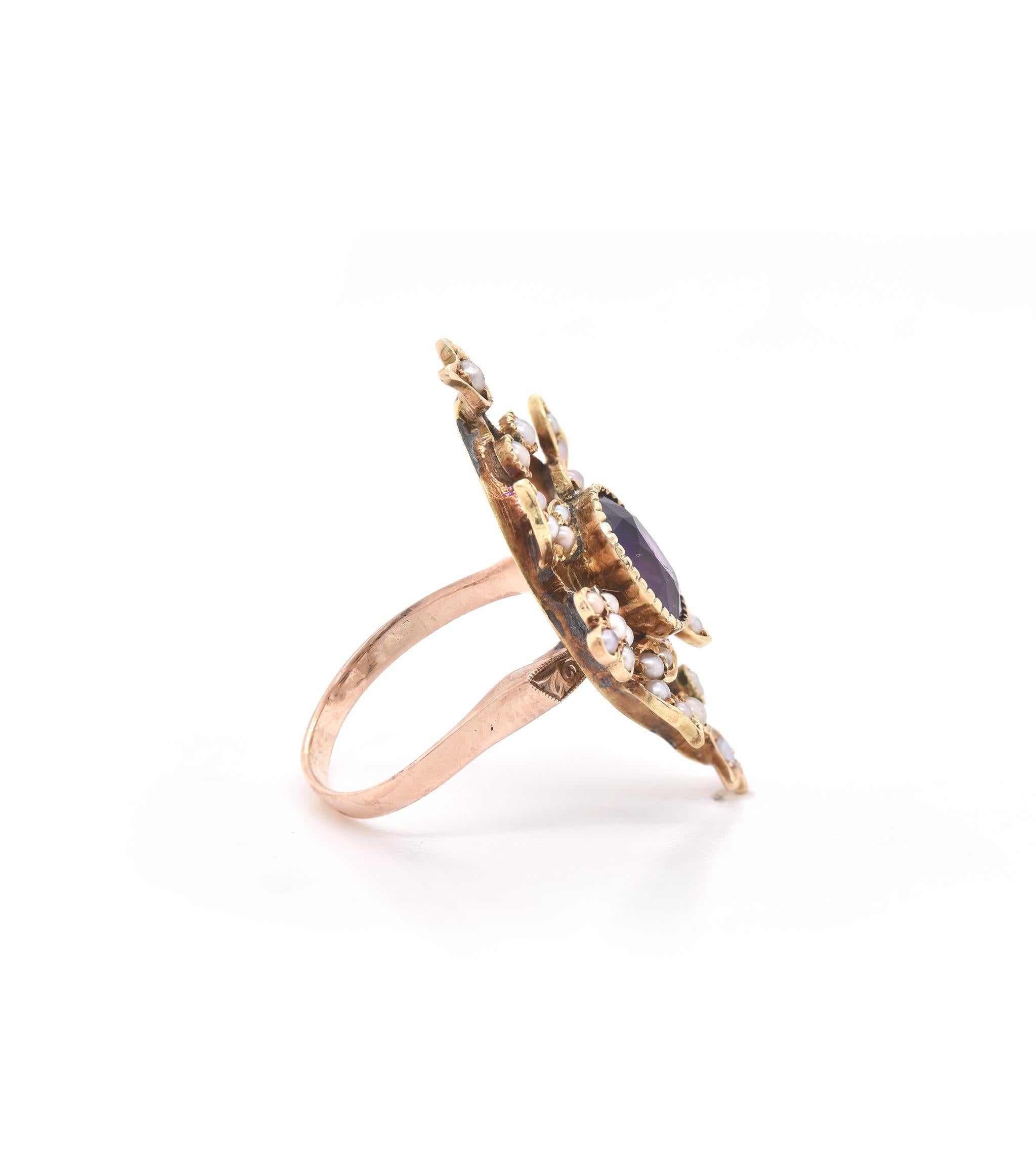 Designer: custom design
Material: 14k yellow gold
Gemstone: oval cut faceted amethyst
Pearls: 32
Ring Size: 6 1/4 (please allow two additional shipping days for sizing requests)
Dimensions: ring top measures 30.03mm by 20.34mm
Weight: 4.63  grams
