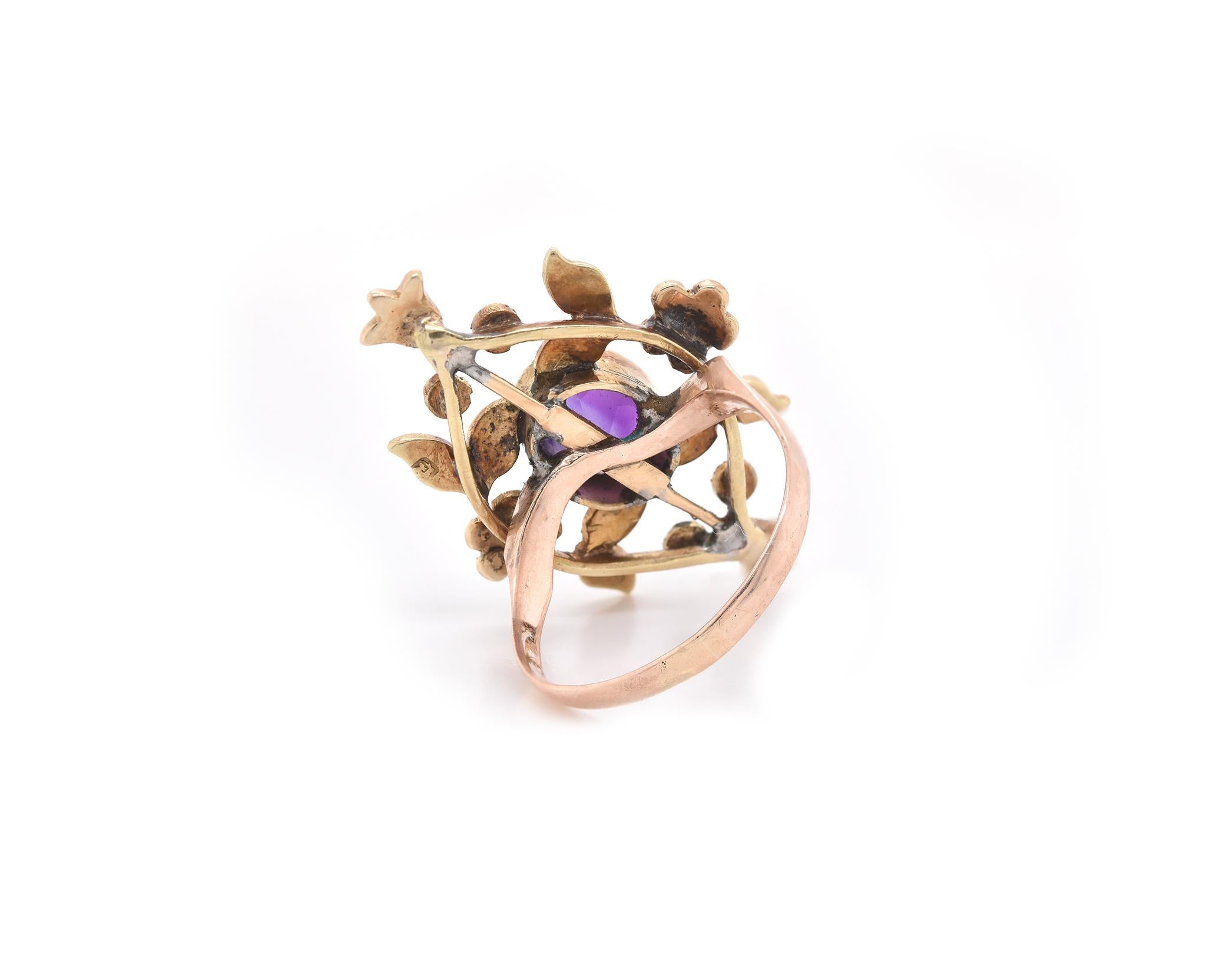 Women's or Men's 14 Karat Yellow Gold Amethyst and Seed Pearl Ring