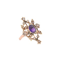 14 Karat Yellow Gold Amethyst and Seed Pearl Ring