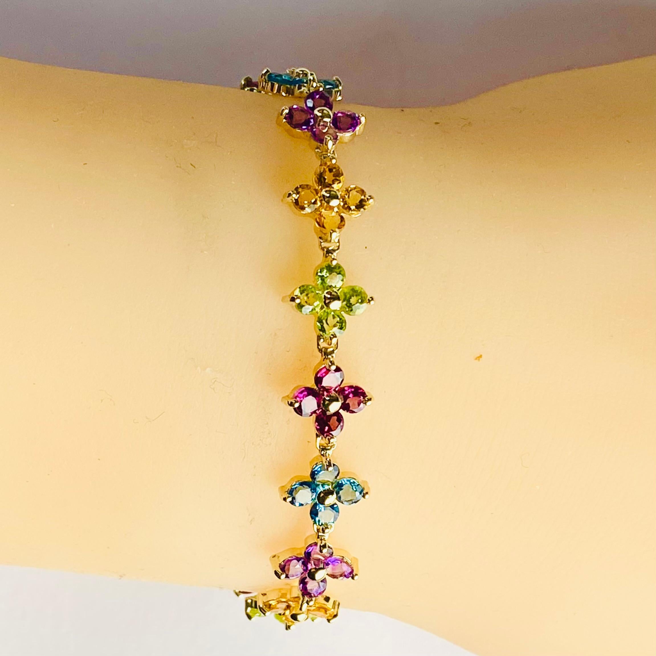 14K Gelbgold Amethyst Blautopas Citrin Granat Peridot Floral-Armband (Rundschliff) im Angebot