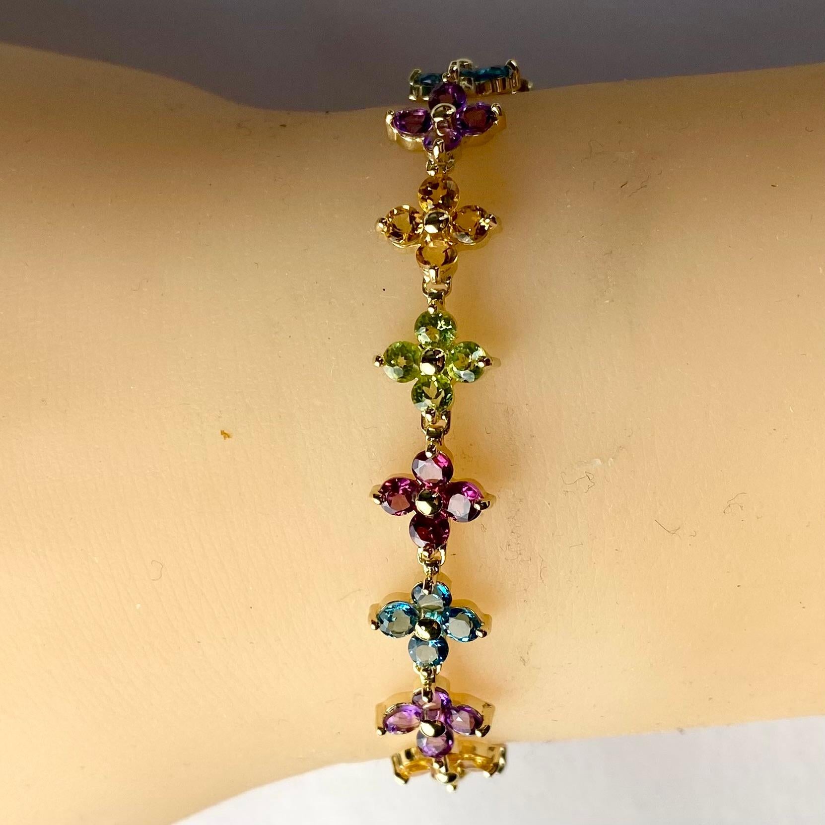 14K Gelbgold Amethyst Blautopas Citrin Granat Peridot Floral-Armband im Angebot 2