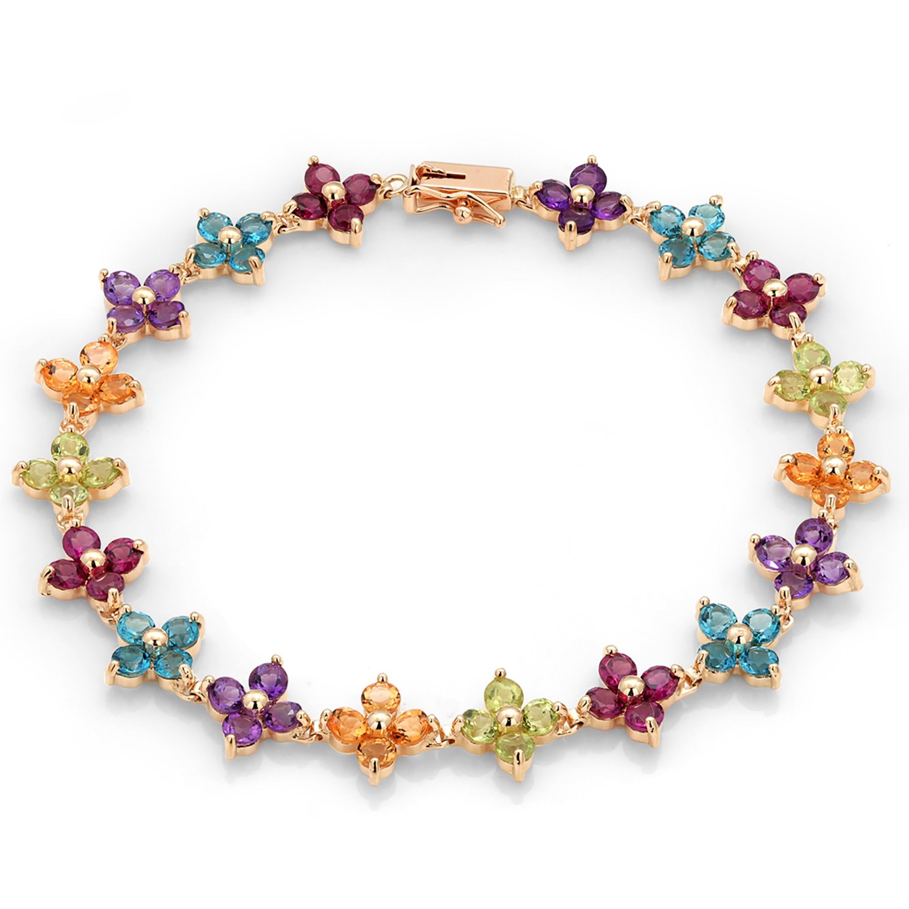 14K Gelbgold Amethyst Blautopas Citrin Granat Peridot Floral-Armband im Angebot 3