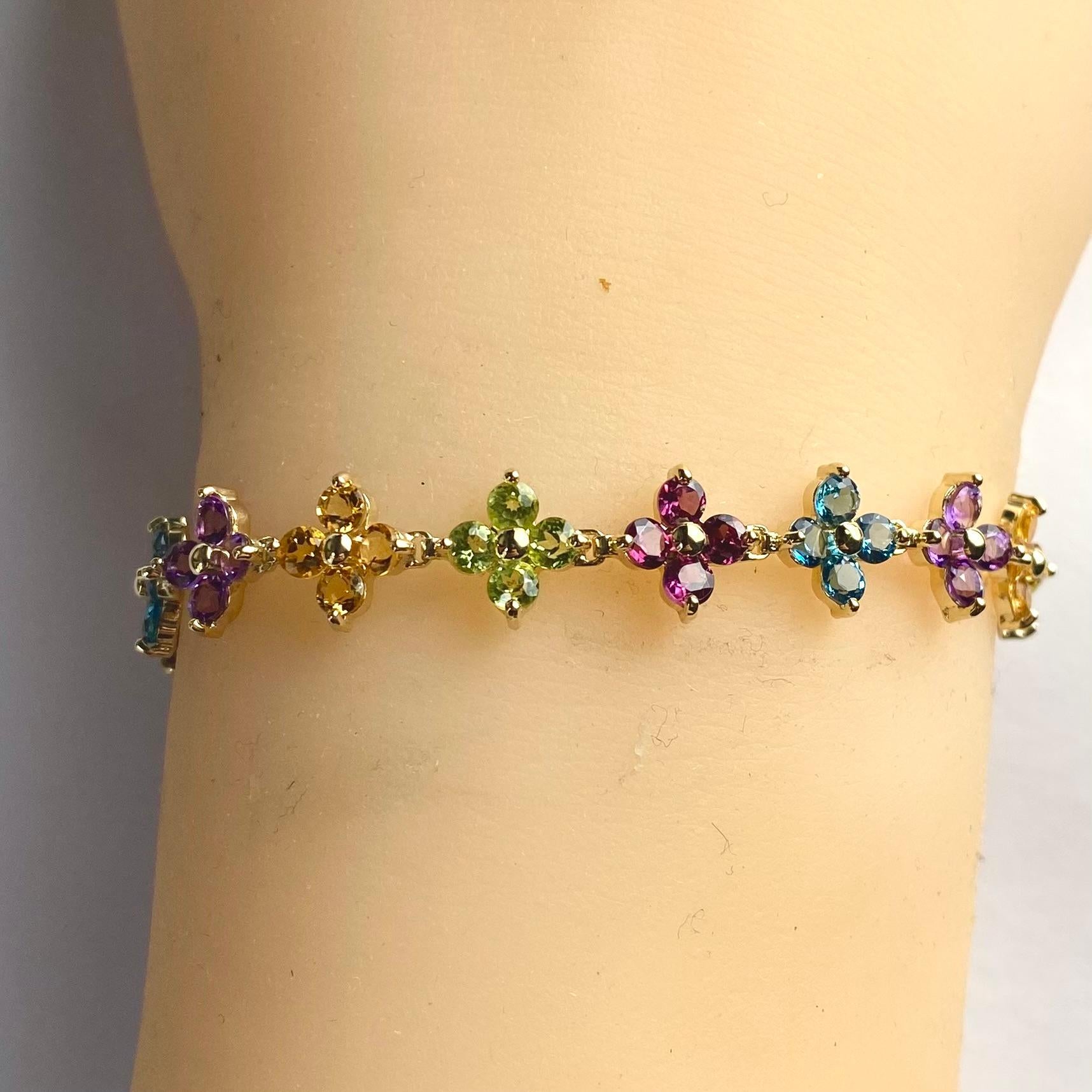 14K Gelbgold Amethyst Blautopas Citrin Granat Peridot Floral-Armband im Angebot 4