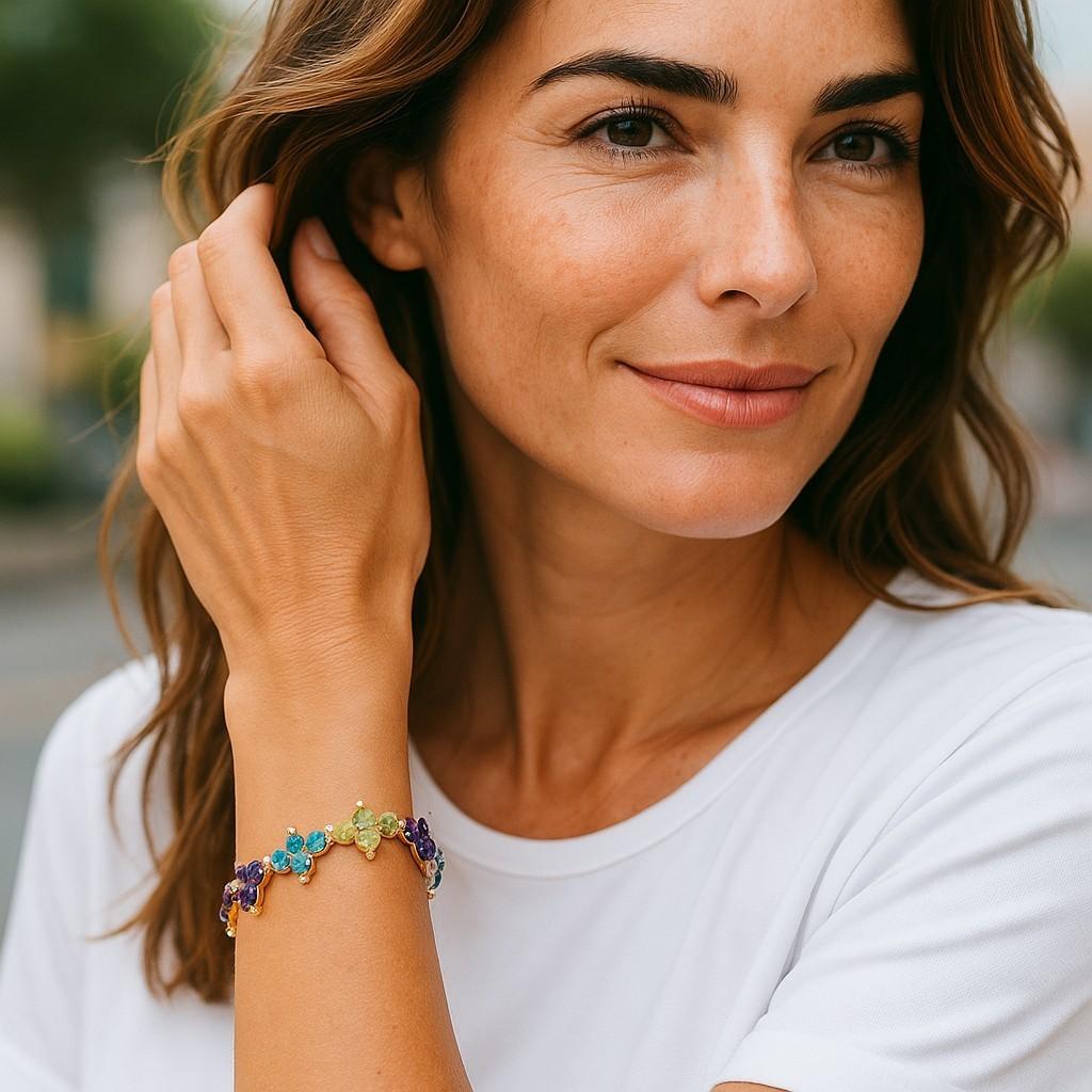 14K Gelbgold Amethyst Blautopas Citrin Granat Peridot Floral-Armband Damen im Angebot