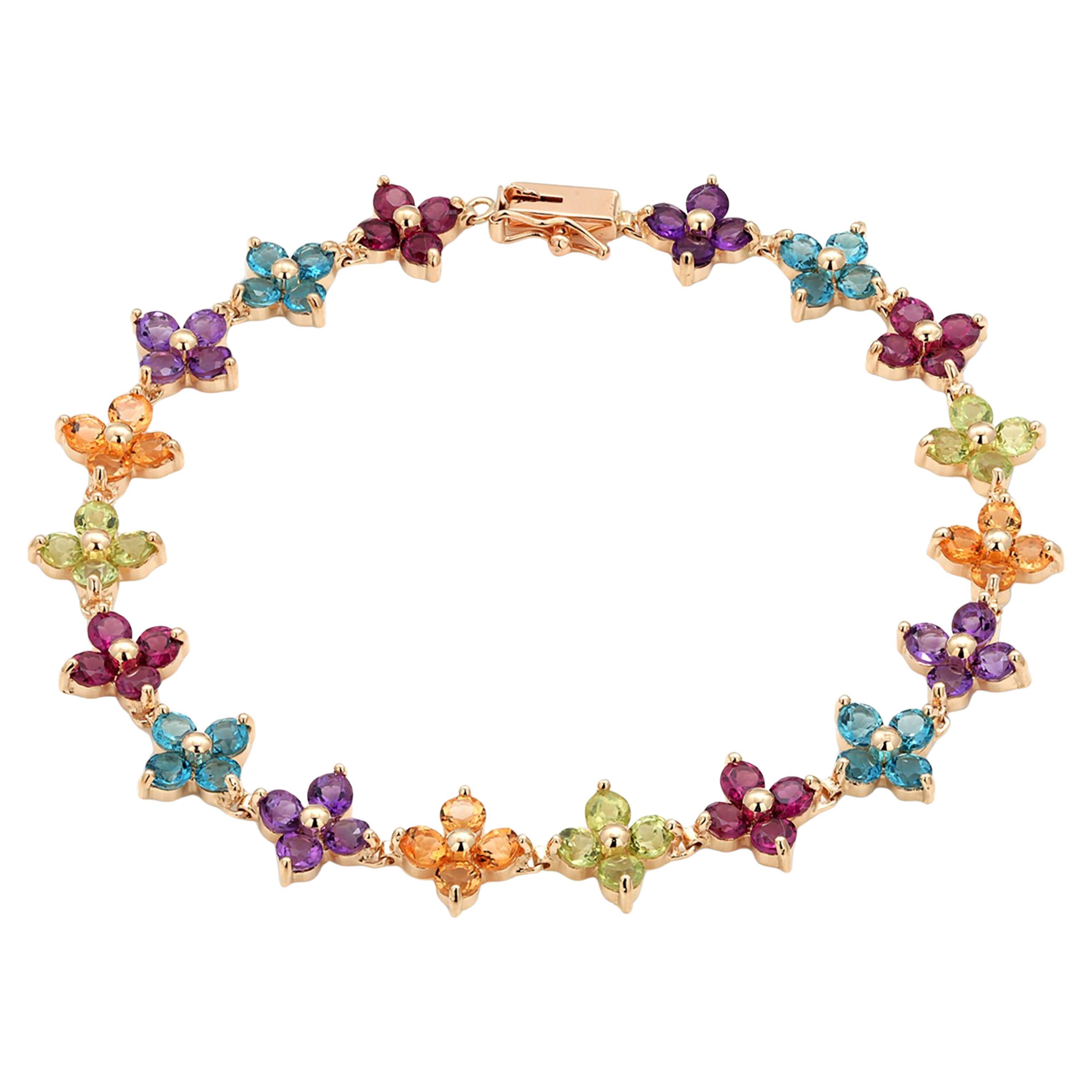14K Yellow Gold Amethyst Blue Topaz Citrine Garnet Peridot Floral Bracelet