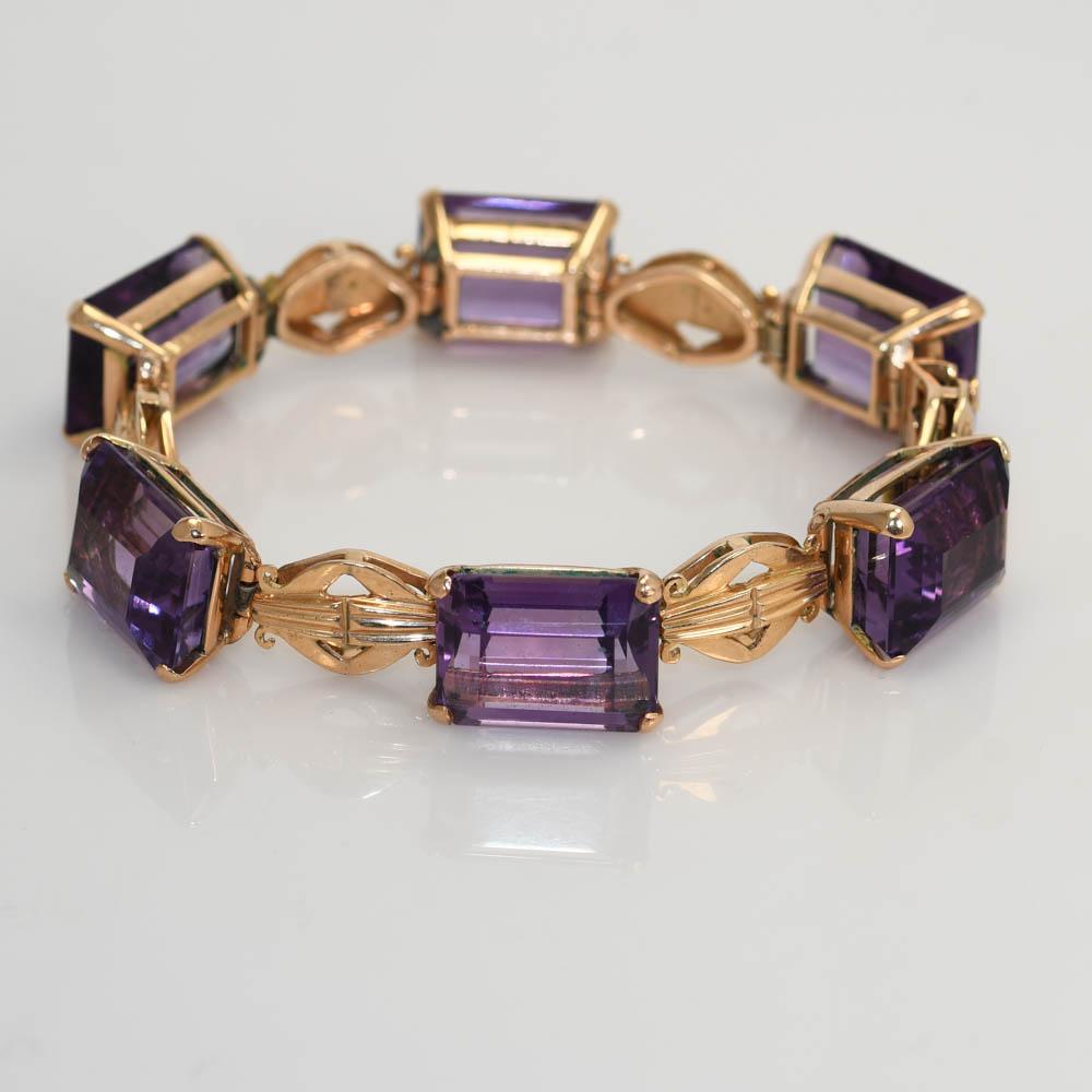 14K Gelbgold Amethyst-Armband 36,2gr (Smaragdschliff)