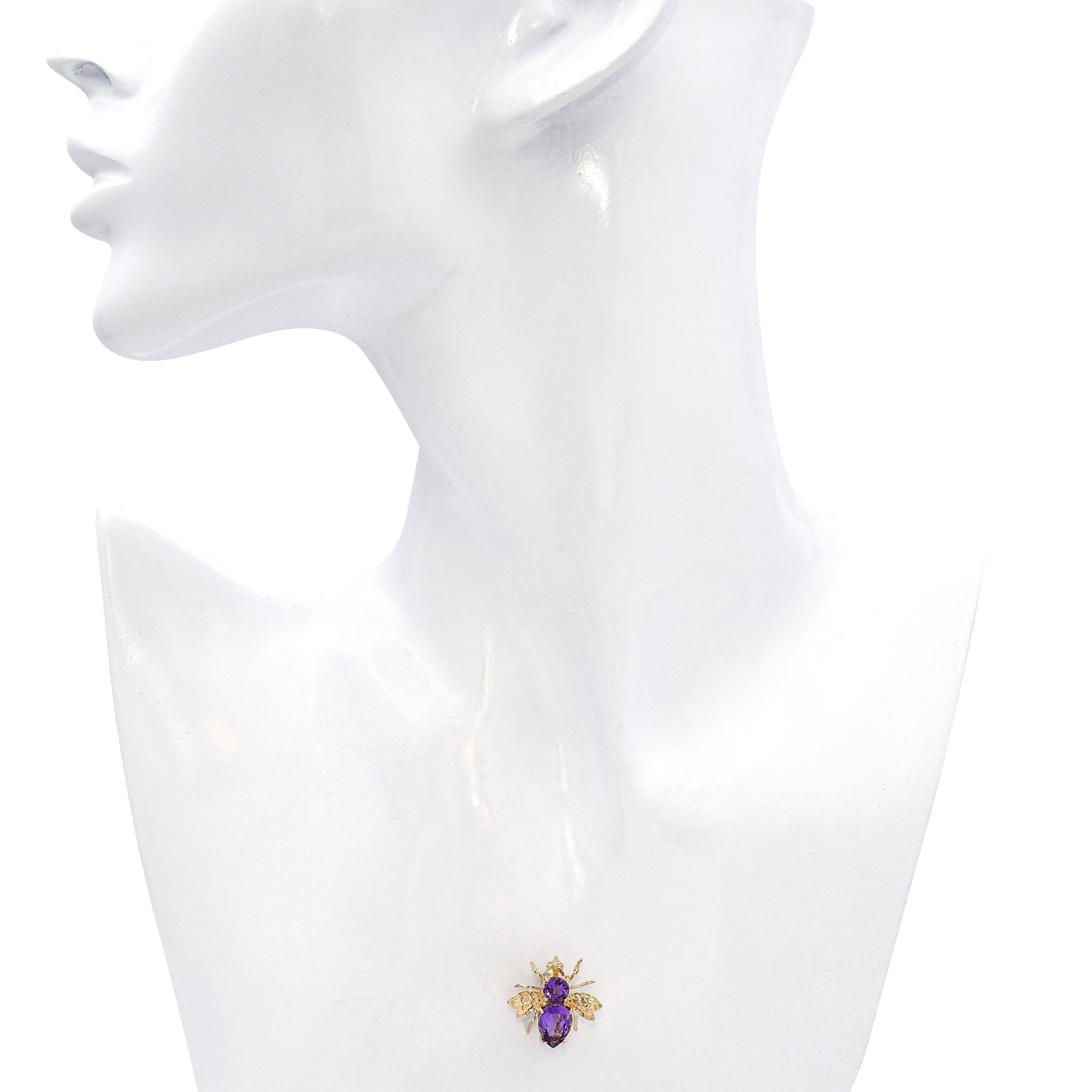 Cabochon 14k Yellow Gold Amethyst Bumblebee Brooch For Sale
