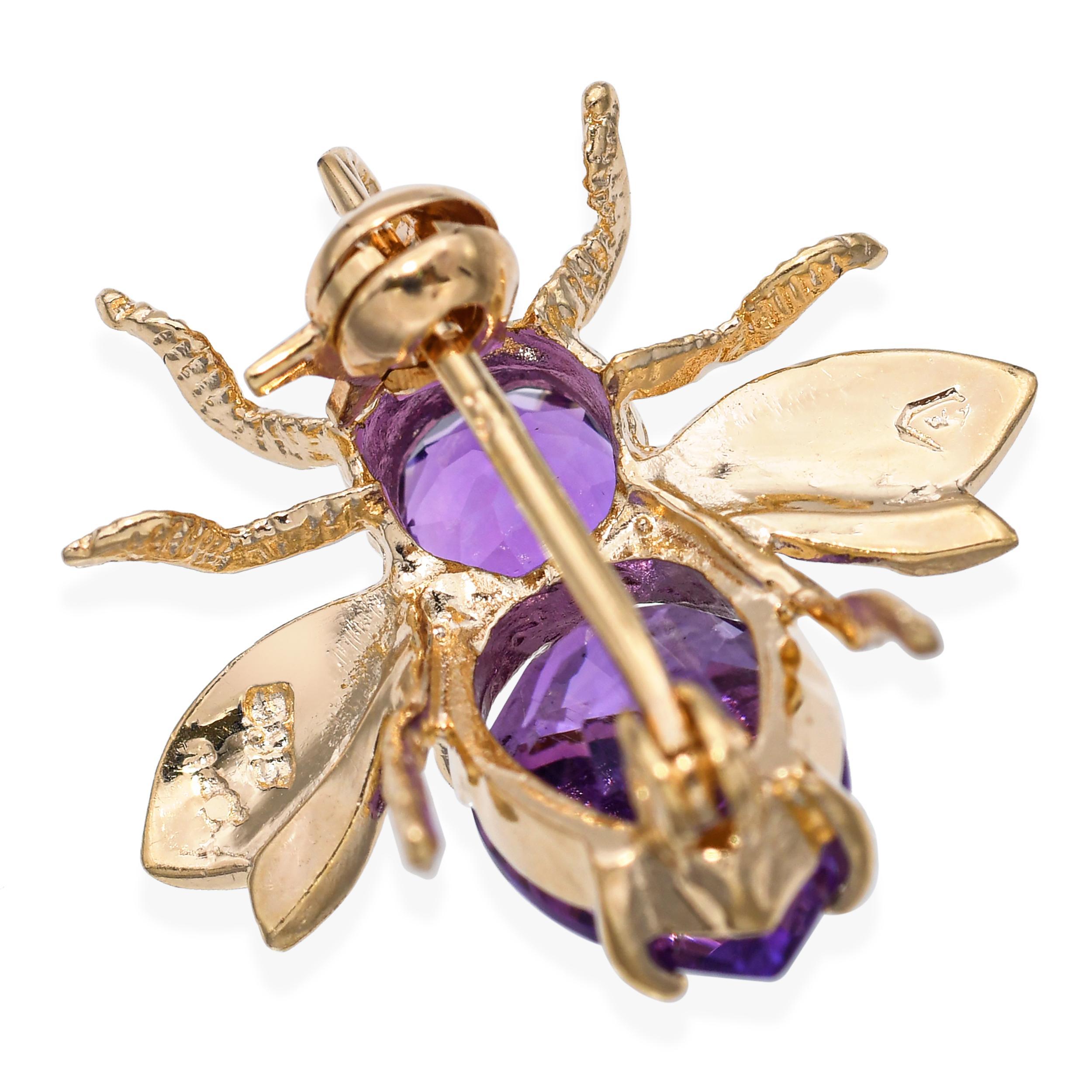 14k Yellow Gold Amethyst Bumblebee Brooch In Good Condition For Sale In New York, NY