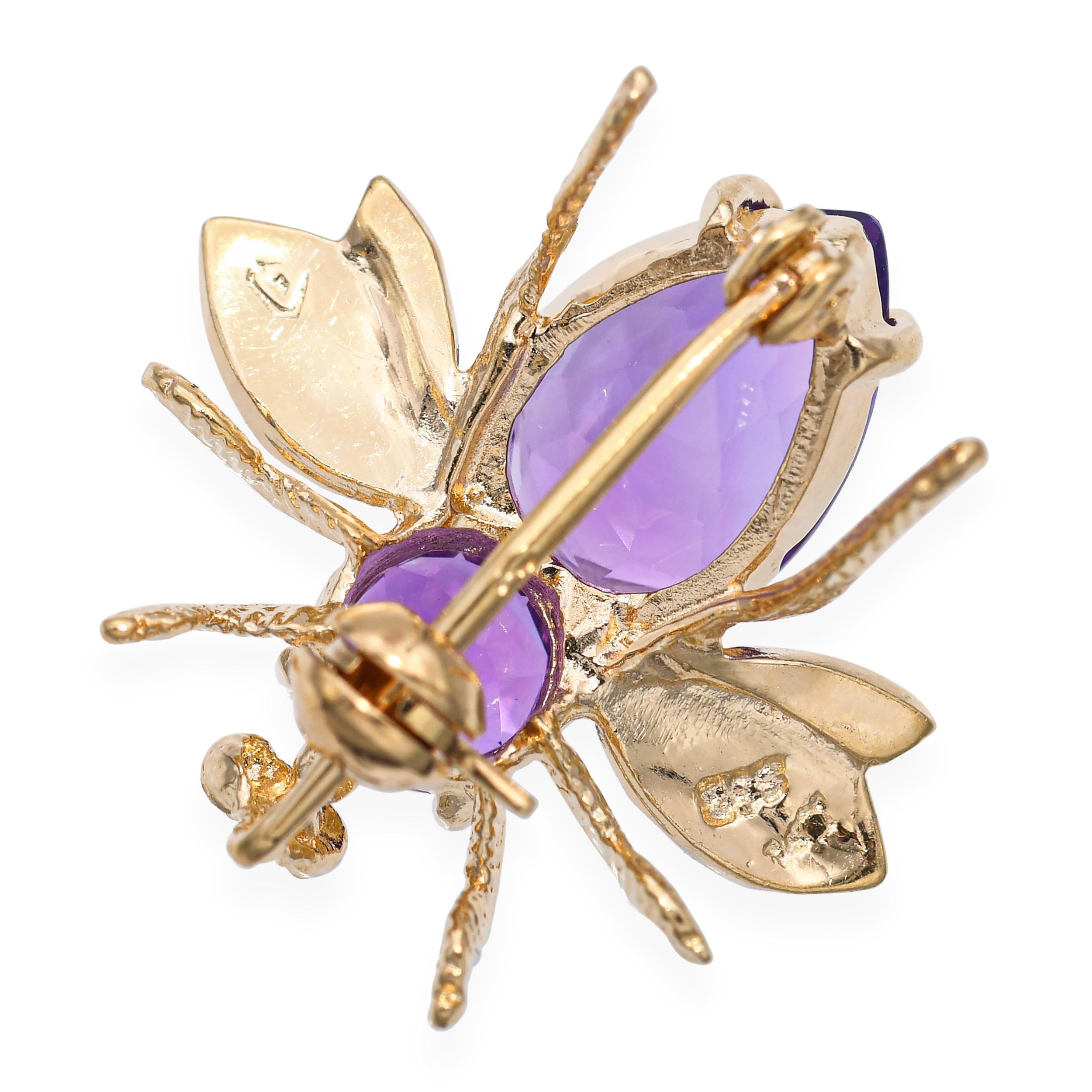 Women's 14k Yellow Gold Amethyst Bumblebee Brooch For Sale