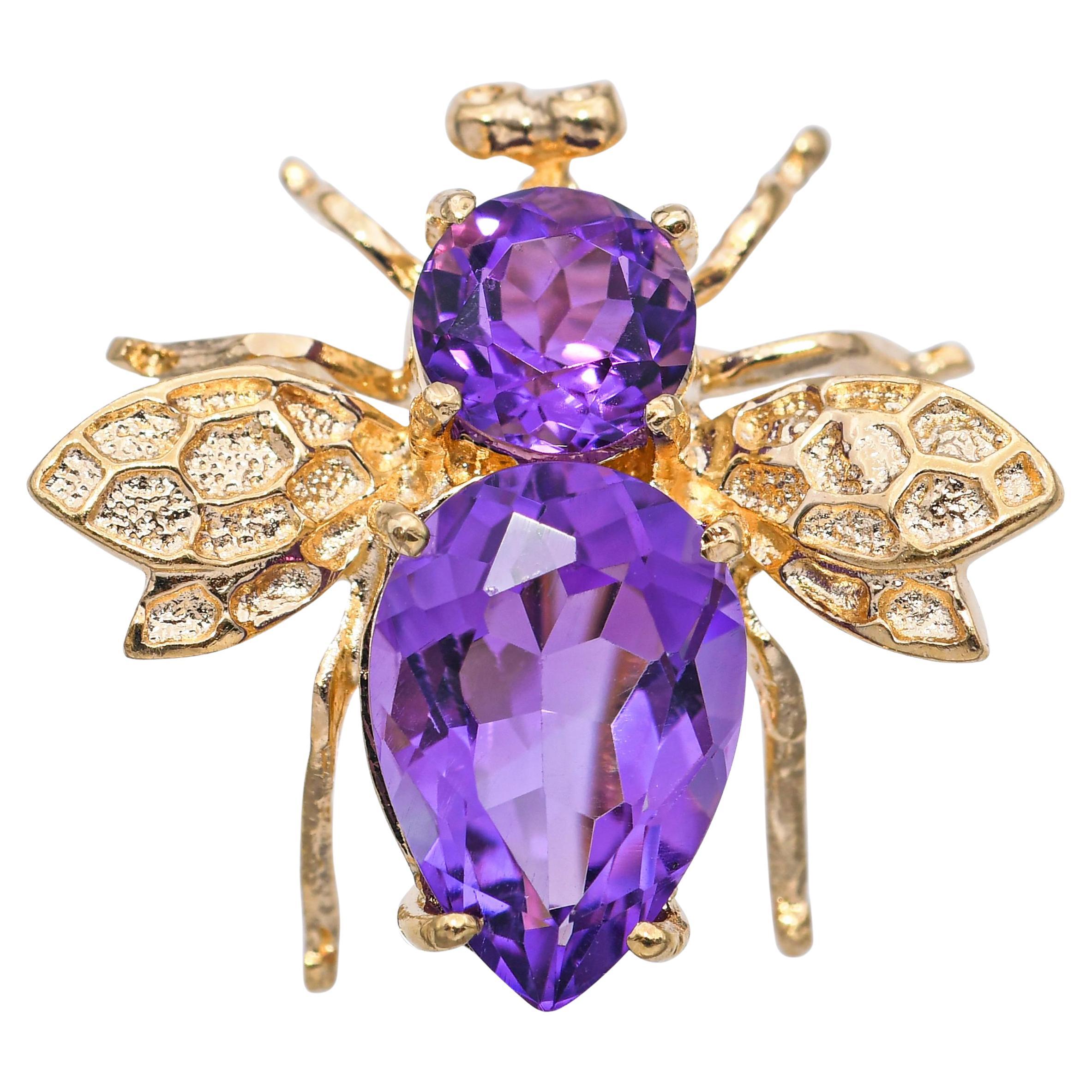 14k Yellow Gold Amethyst Bumblebee Brooch For Sale