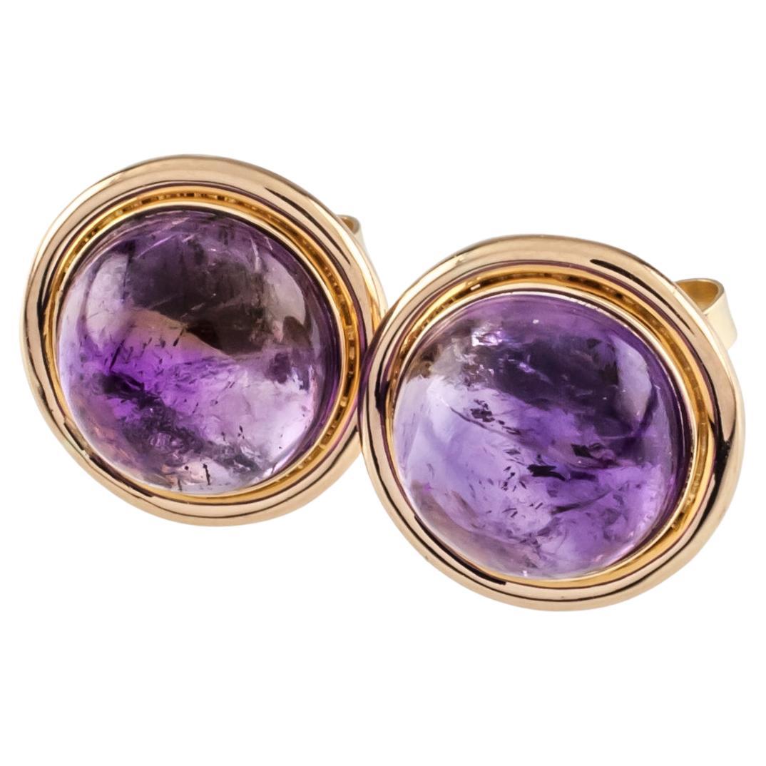 14k Yellow Gold Amethyst Cabochon Stud Earrings 2.20 Carat For Sale