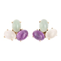 14 Karat Gold Amethyst, Cat's Eye, Moonstone and Aquamarine Gemstone Earrings