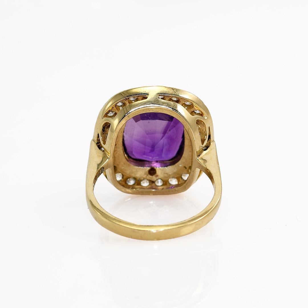 Cushion Cut 14K Yellow Gold Amethyst & CZs Ring-5.2gr For Sale