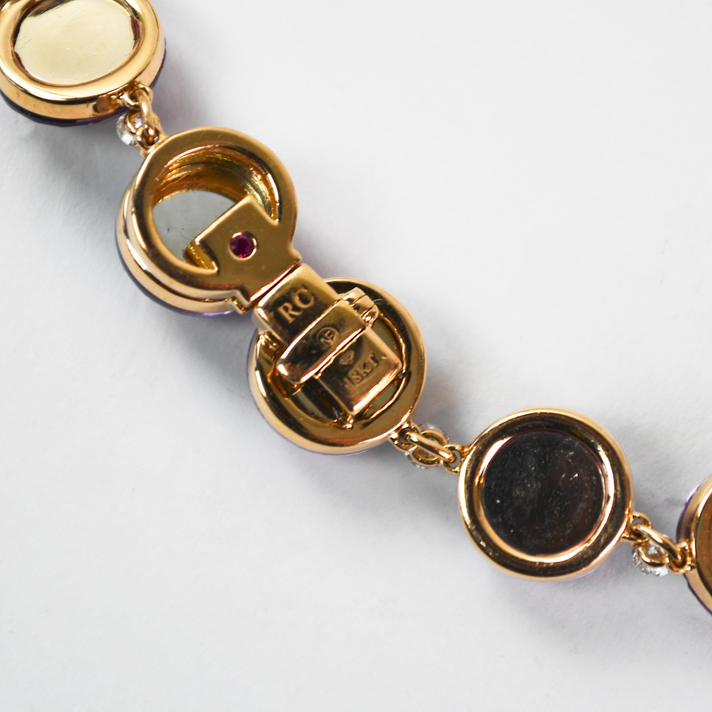 Round Cut 14K Yellow Gold Amethyst & Diamond Bracelet 18.6g For Sale