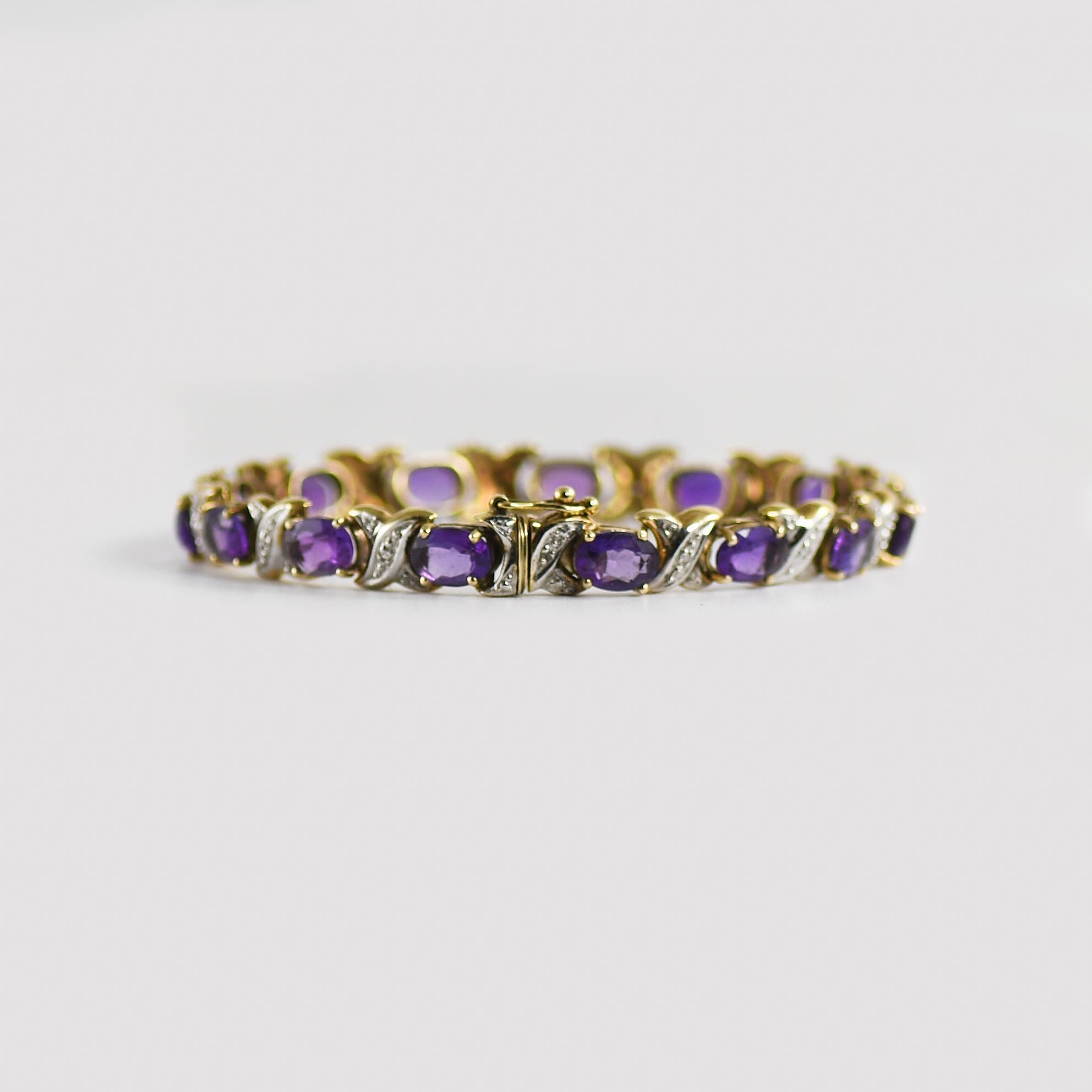 Round Cut 14K Yellow Gold Amethyst & Diamond Bracelet Weave Pattern 7mm Wide - Length 7