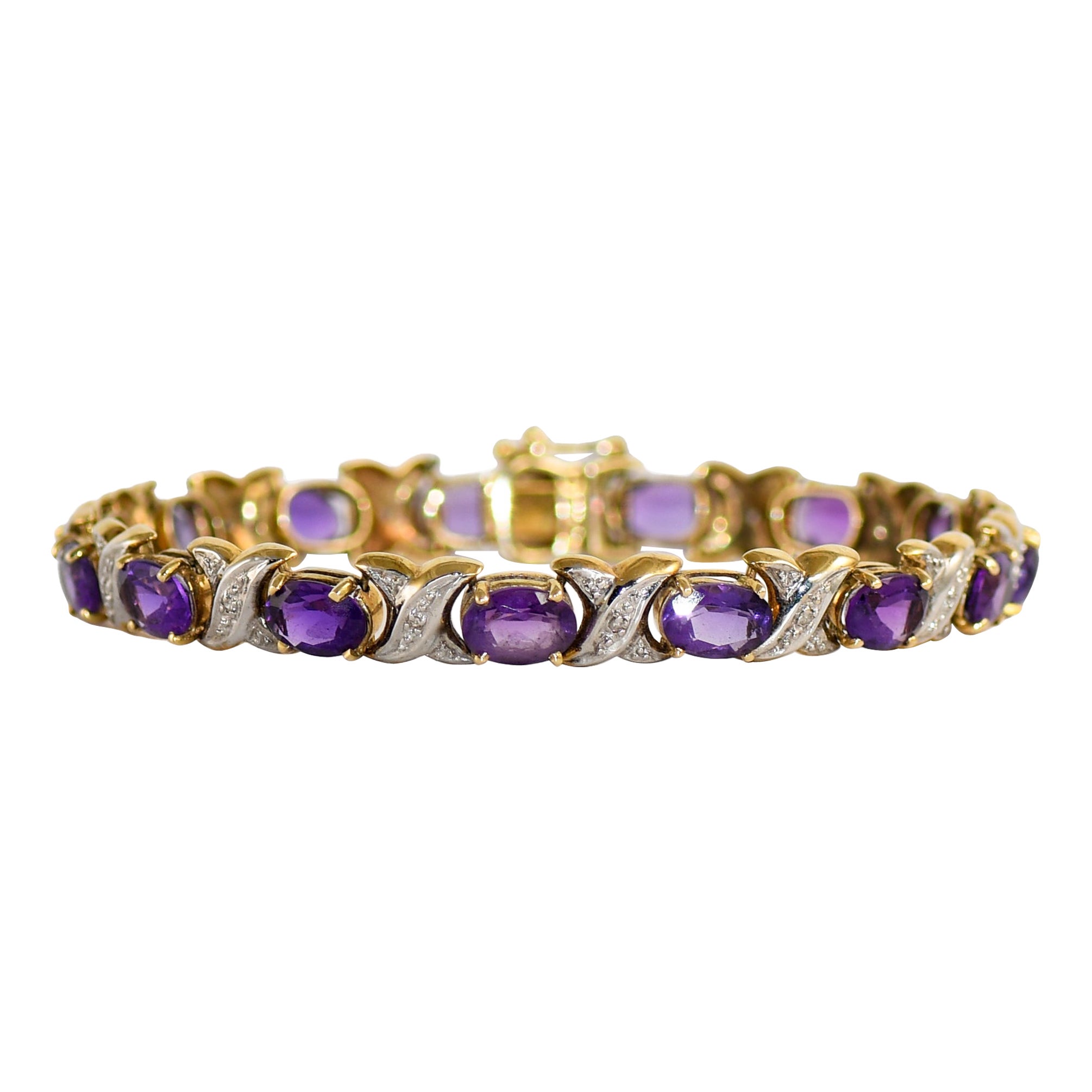14K Gelbgold Amethyst & Diamant Armbandgeflecht Muster 7mm breit - Länge 7"