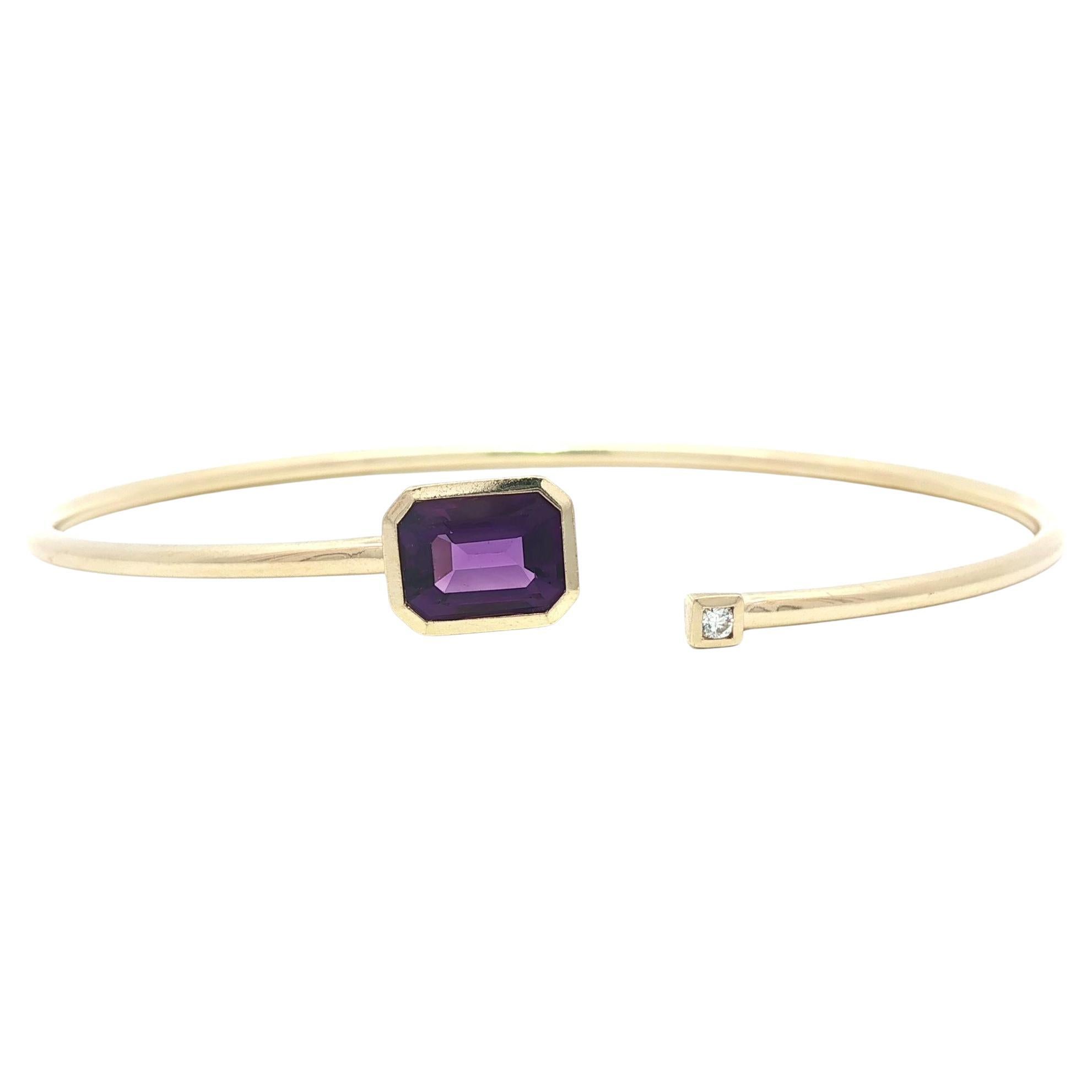 Bracelet manchette ouverte en or jaune 14k avec améthyste et diamant