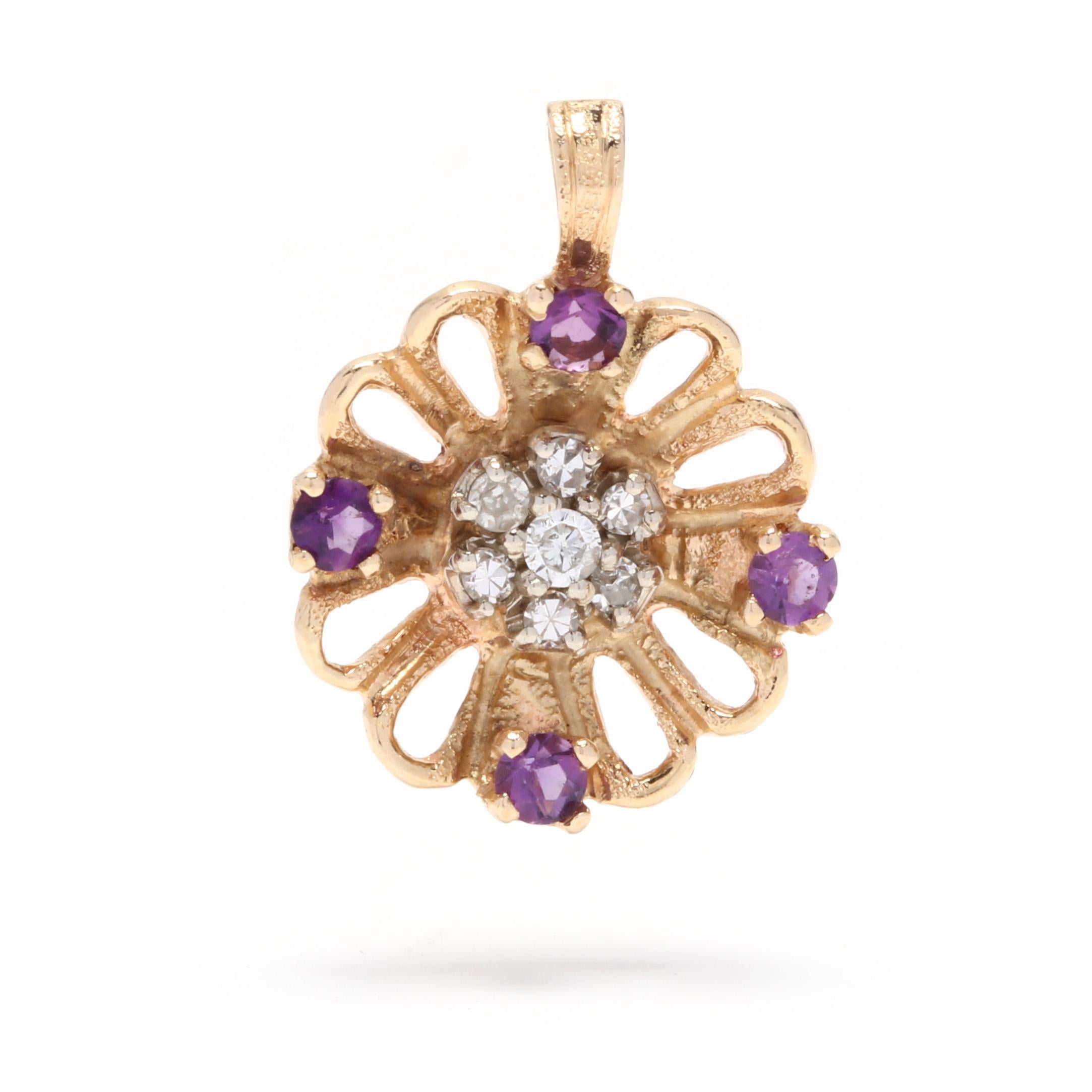 14 Karat Yellow Gold, Amethyst and Diamond Flower Charm or Pendant In Good Condition In McLeansville, NC