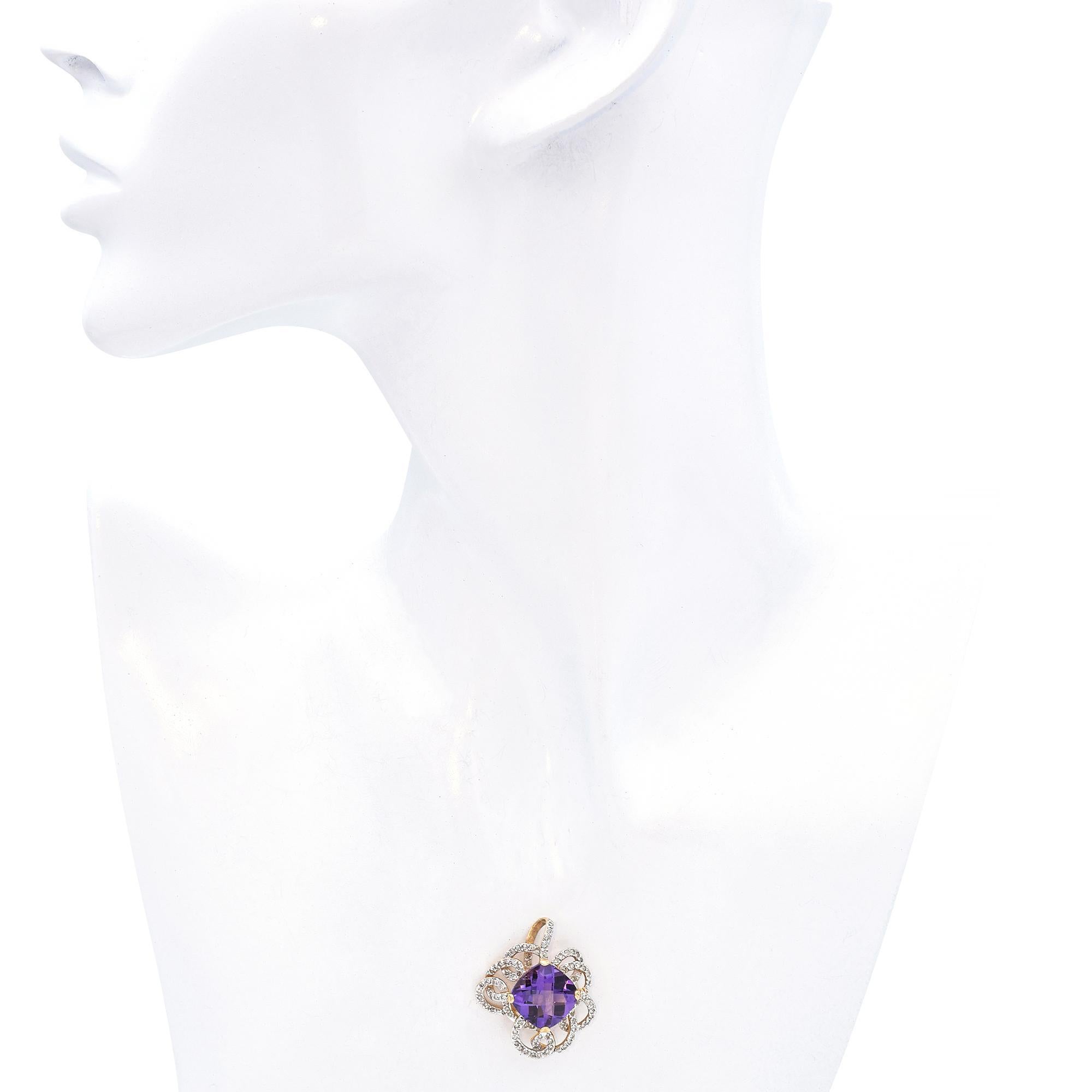 Taille ronde Pendentif en or jaune 14k Améthyste Diamant en vente