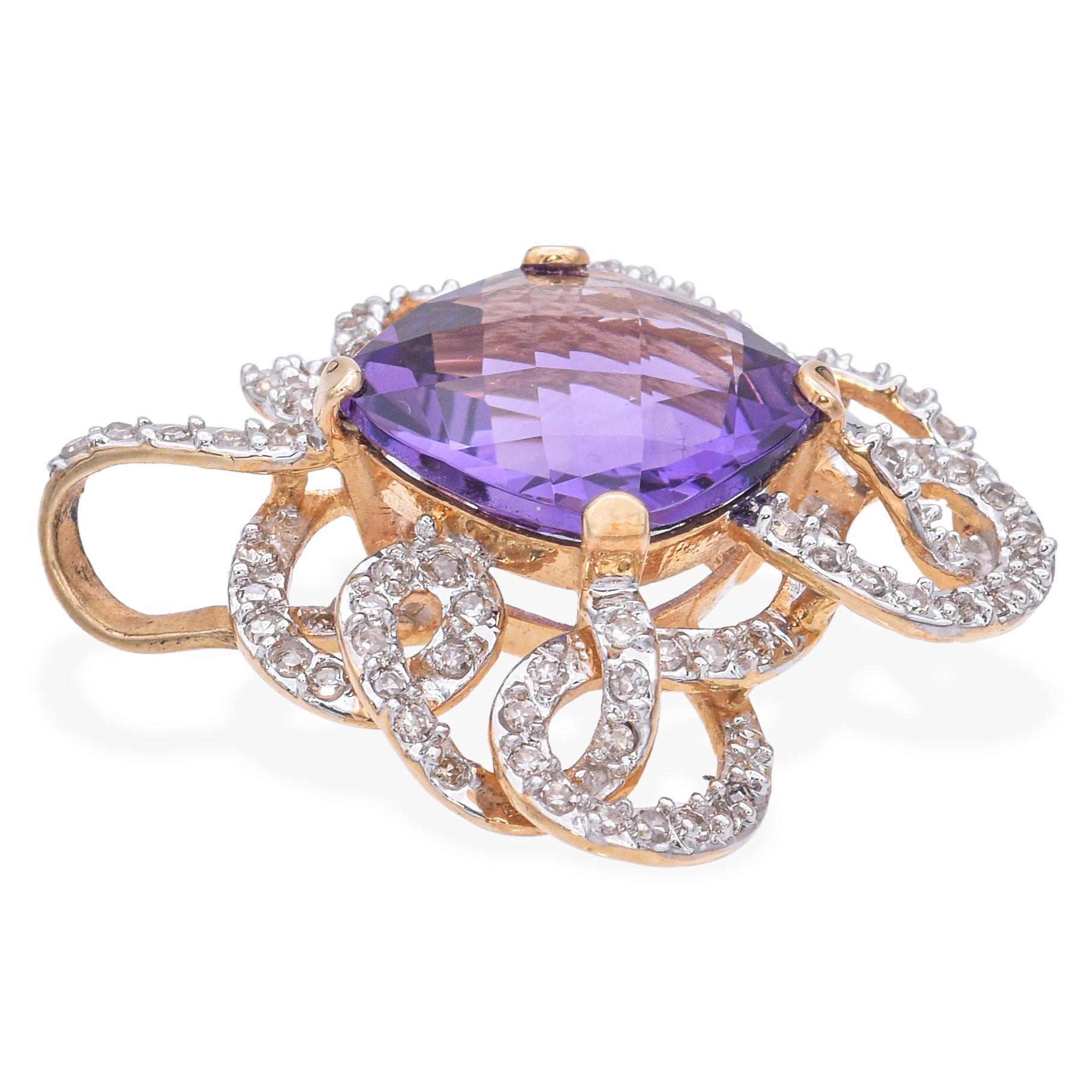 Pendentif en or jaune 14k Améthyste Diamant Pour femmes en vente