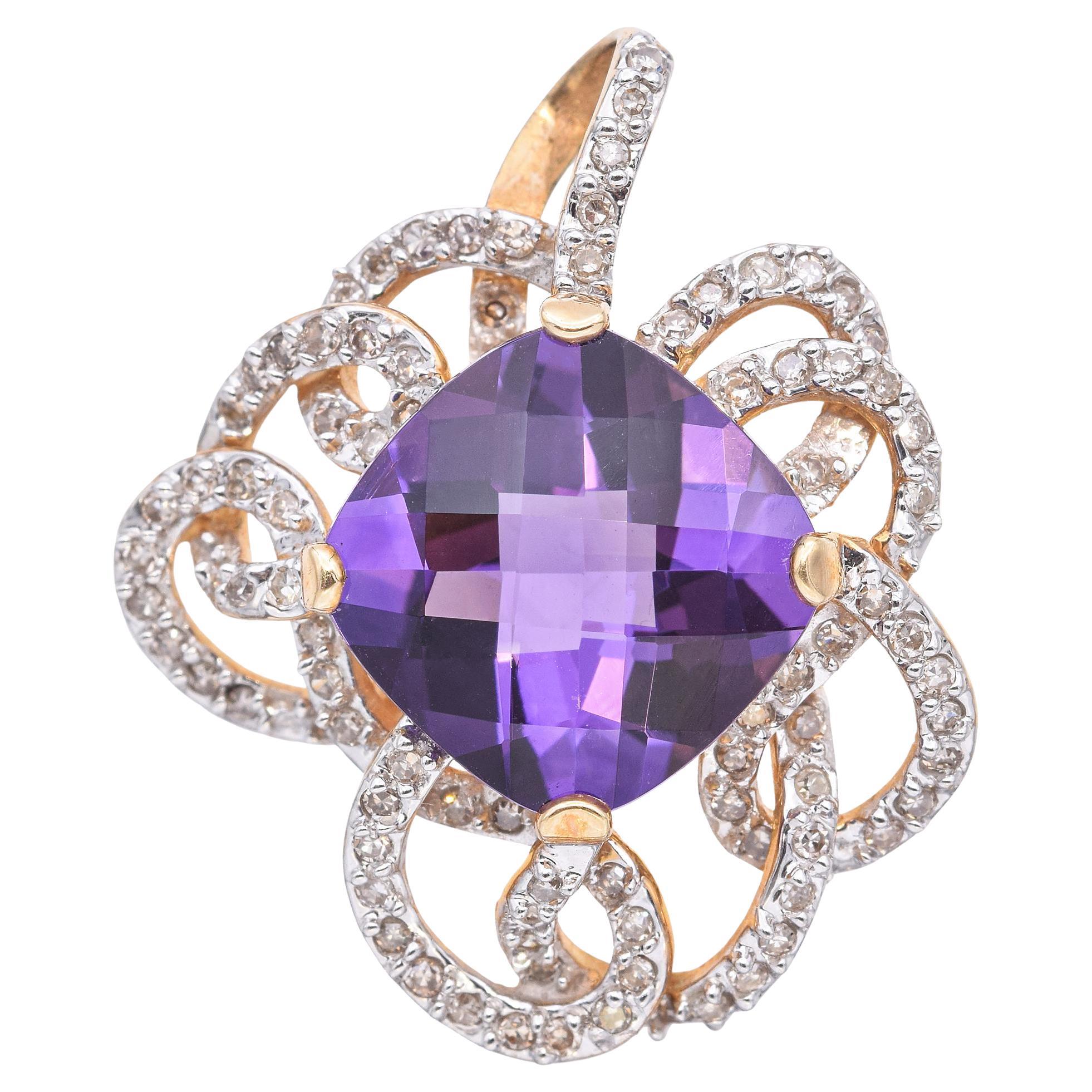 14k Yellow Gold Amethyst Diamond Pendant