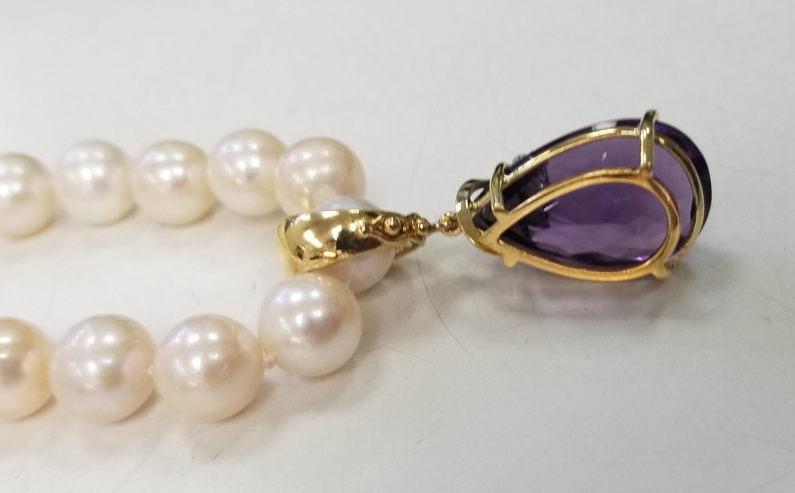 Contemporary 14K Yellow Gold Amethyst & Diamond Pendant on Chinese Fresh Water 9mm Pearls For Sale