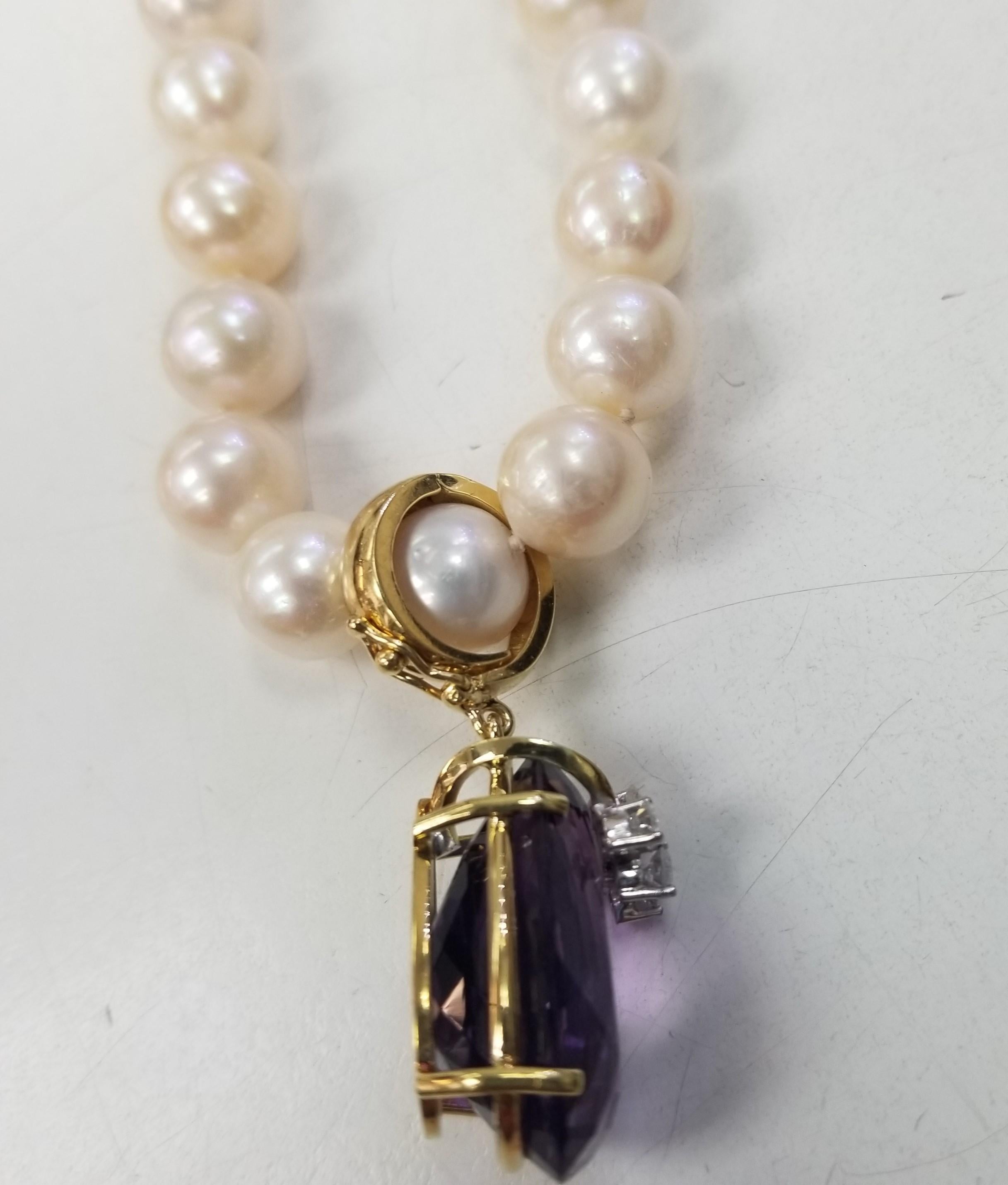 Pear Cut 14K Yellow Gold Amethyst & Diamond Pendant on Chinese Fresh Water 9mm Pearls For Sale