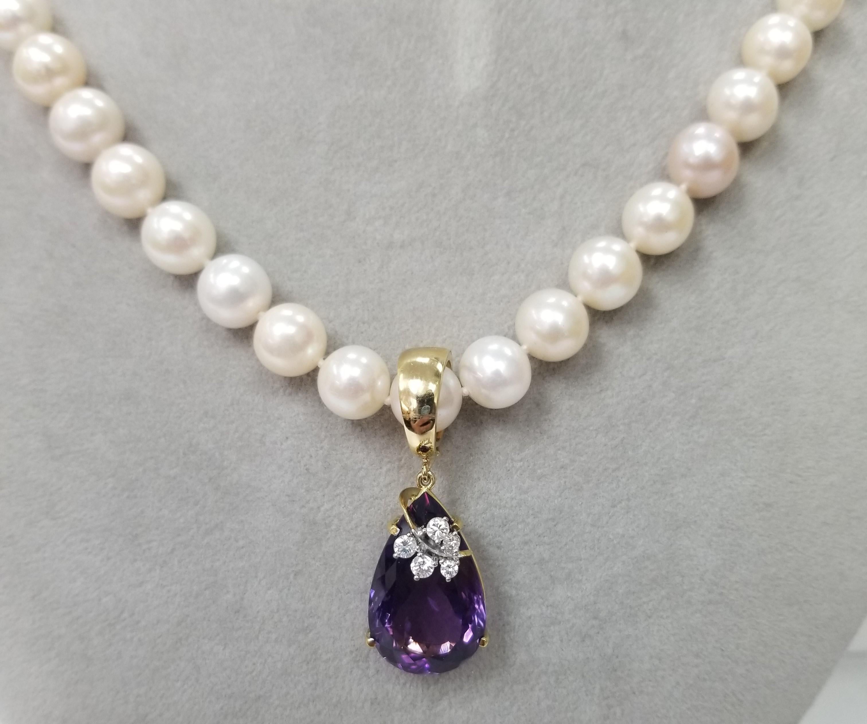 Women's 14K Yellow Gold Amethyst & Diamond Pendant on Chinese Fresh Water 9mm Pearls For Sale