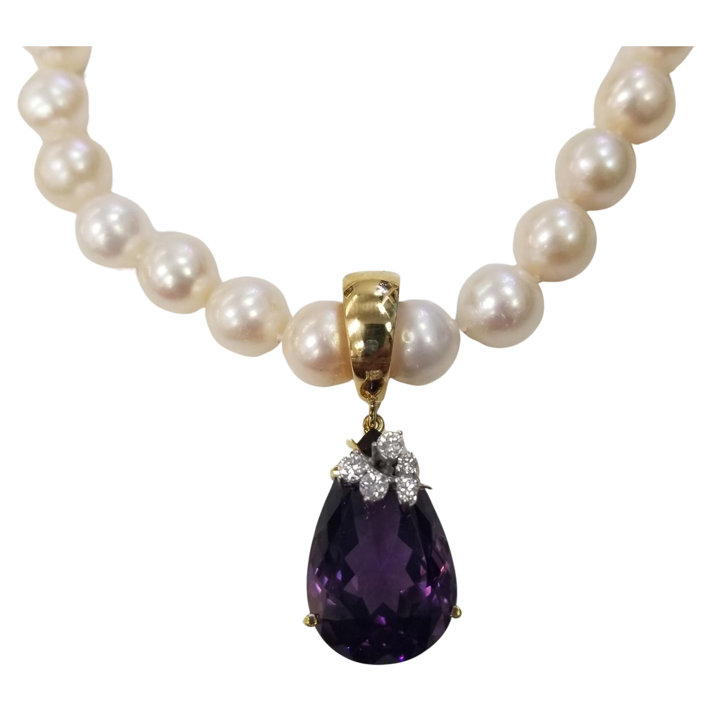 14K Yellow Gold Amethyst & Diamond Pendant on Chinese Fresh Water 9mm Pearls For Sale