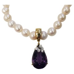 14K Yellow Gold Amethyst & Diamond Pendant on Chinese Fresh Water 9mm Pearls