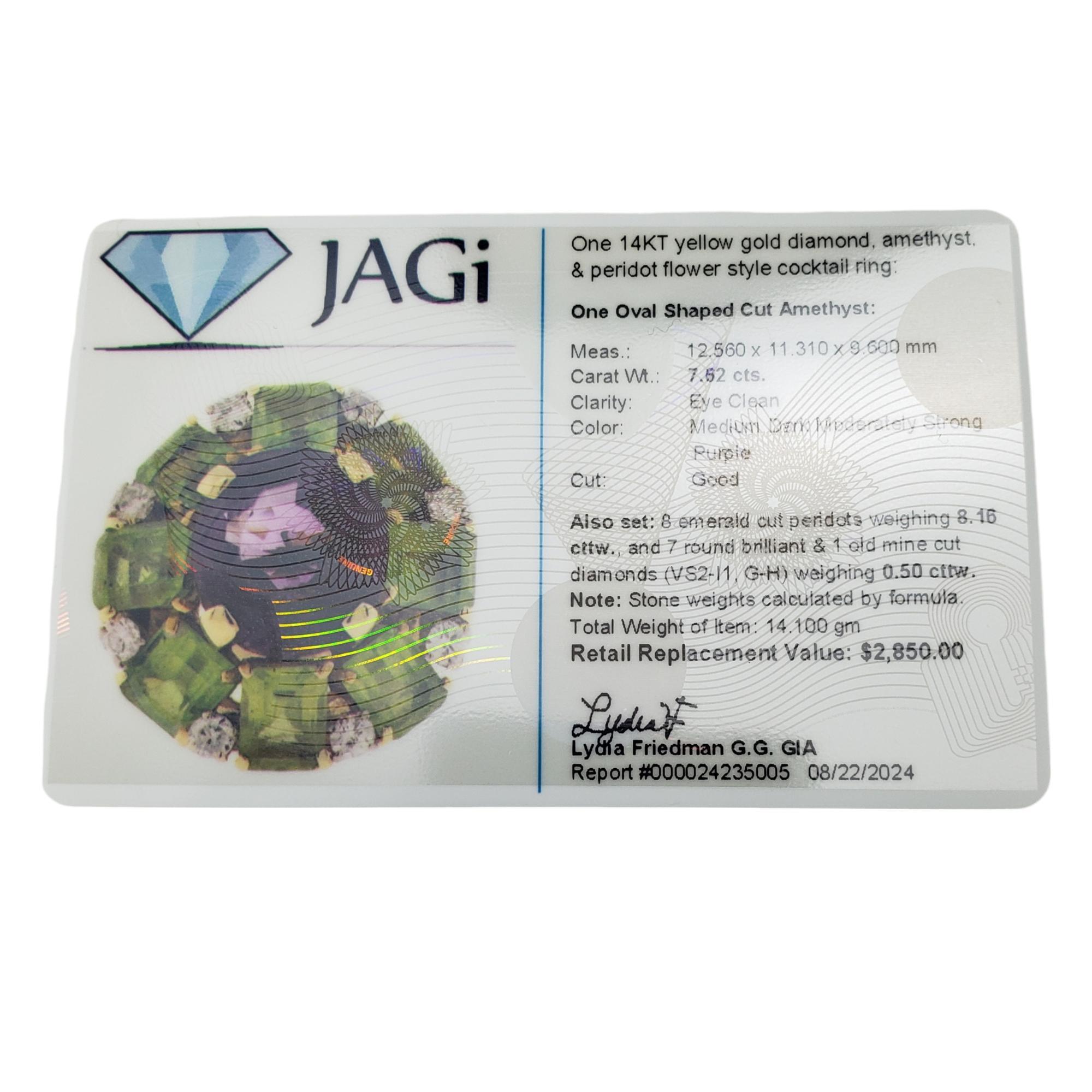 Modern 14K Yellow Gold Amethyst, Diamond, & Peridot Cocktail Ring Size 7  #18857 For Sale