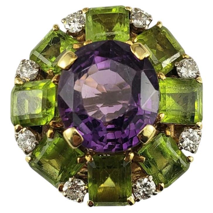14K Yellow Gold Amethyst, Diamond, & Peridot Cocktail Ring Size 7  #18857 For Sale
