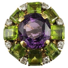 14K Yellow Gold Amethyst, Diamond, & Peridot Cocktail Ring Size 7  #18857