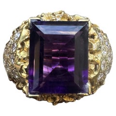 14K Yellow Gold Amethyst Diamond Textured Cocktail Ring