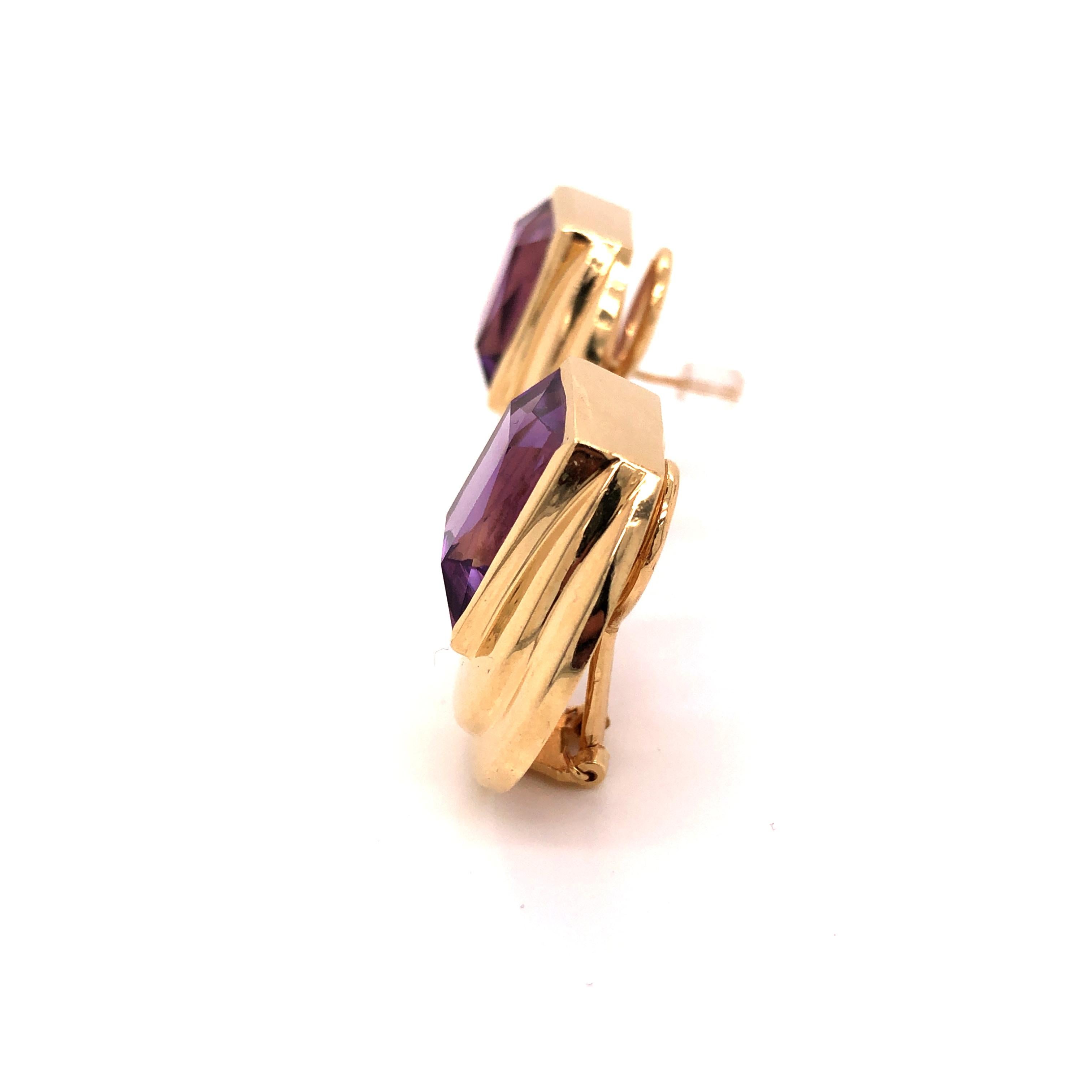 Emerald Cut 14 Karat Yellow Gold Amethyst Earrings For Sale