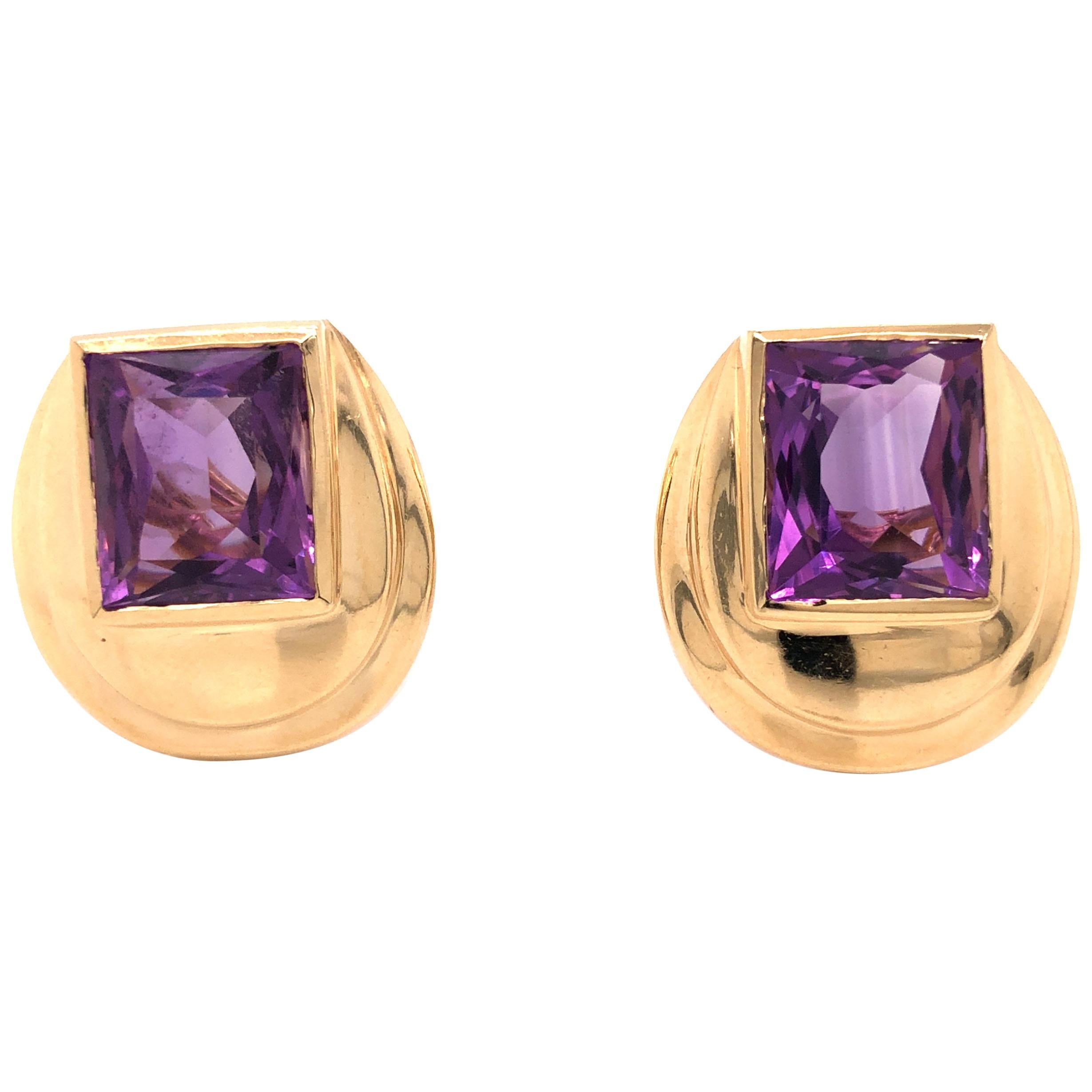 14 Karat Yellow Gold Amethyst Earrings For Sale