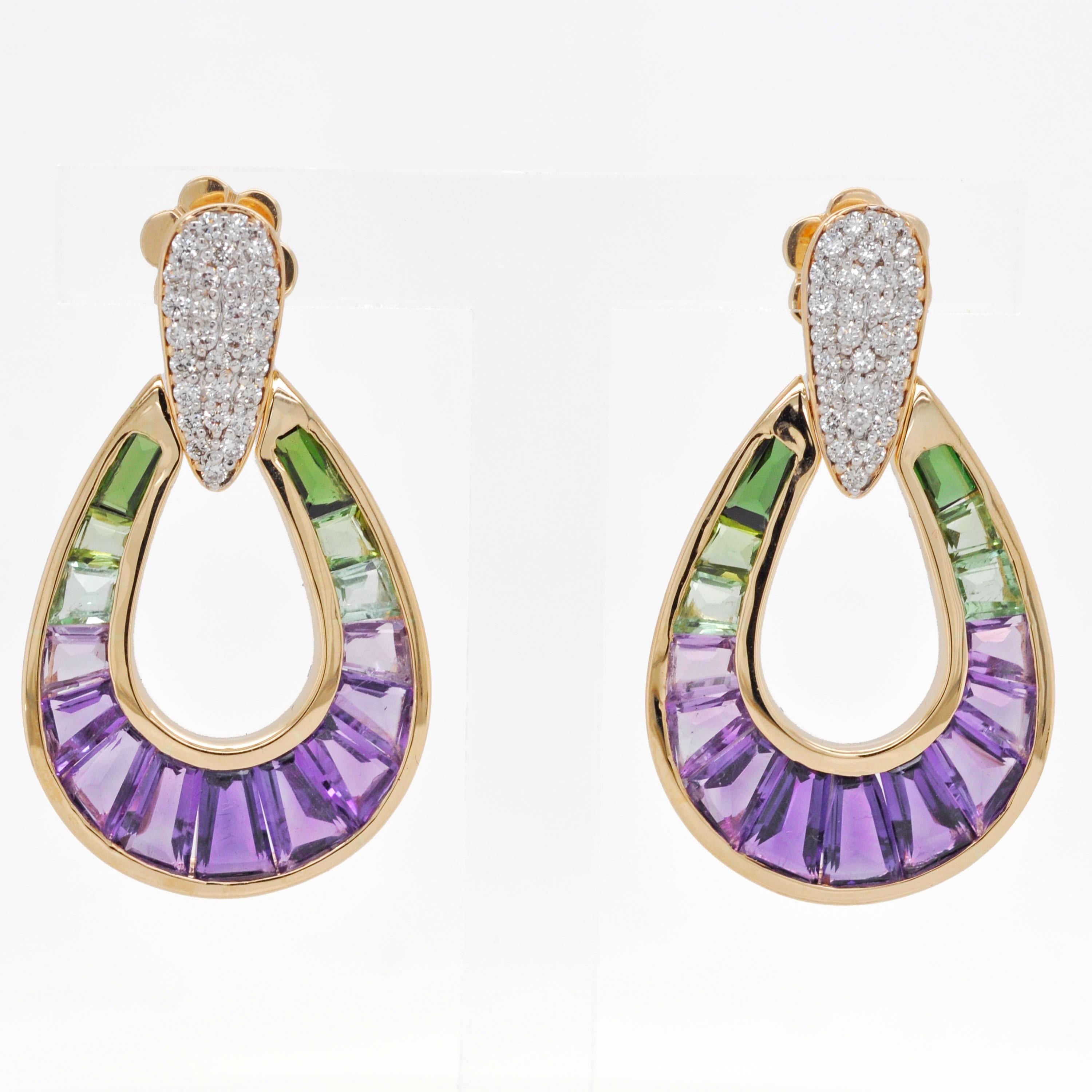 Boucles d'oreilles en or jaune 14 carats, améthyste, tourmaline verte, diamant baguette en forme de poire en vente 4