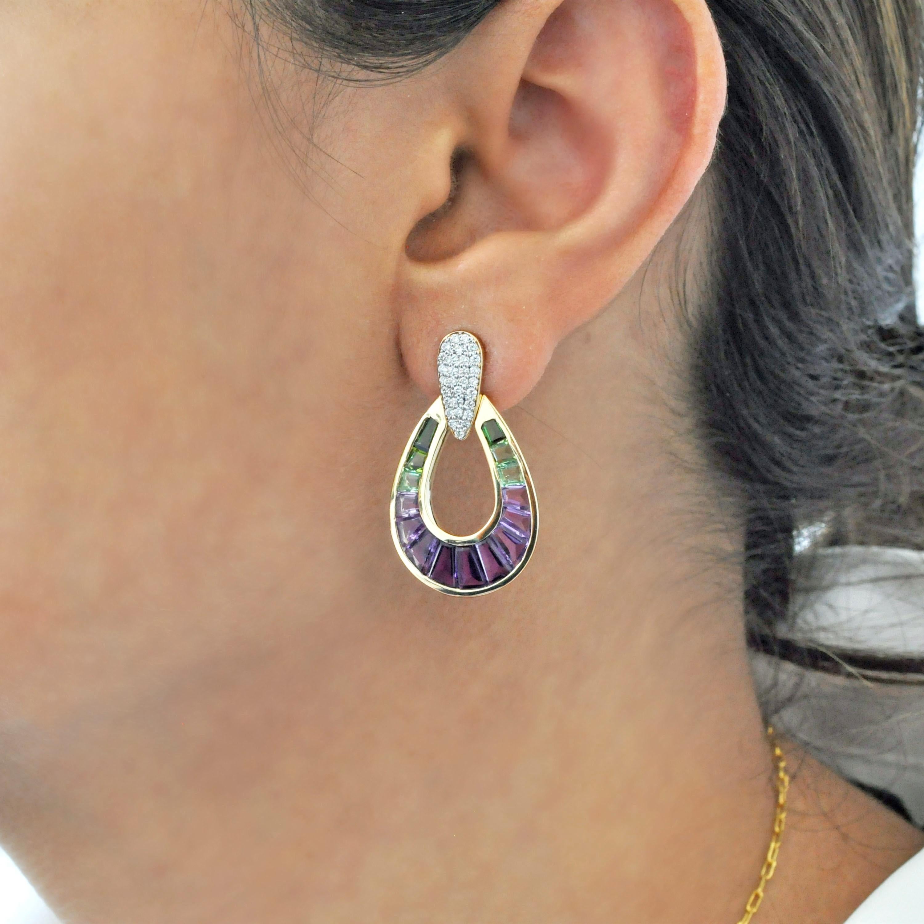 Boucles d'oreilles en or jaune 14 carats, améthyste, tourmaline verte, diamant baguette en forme de poire en vente 6